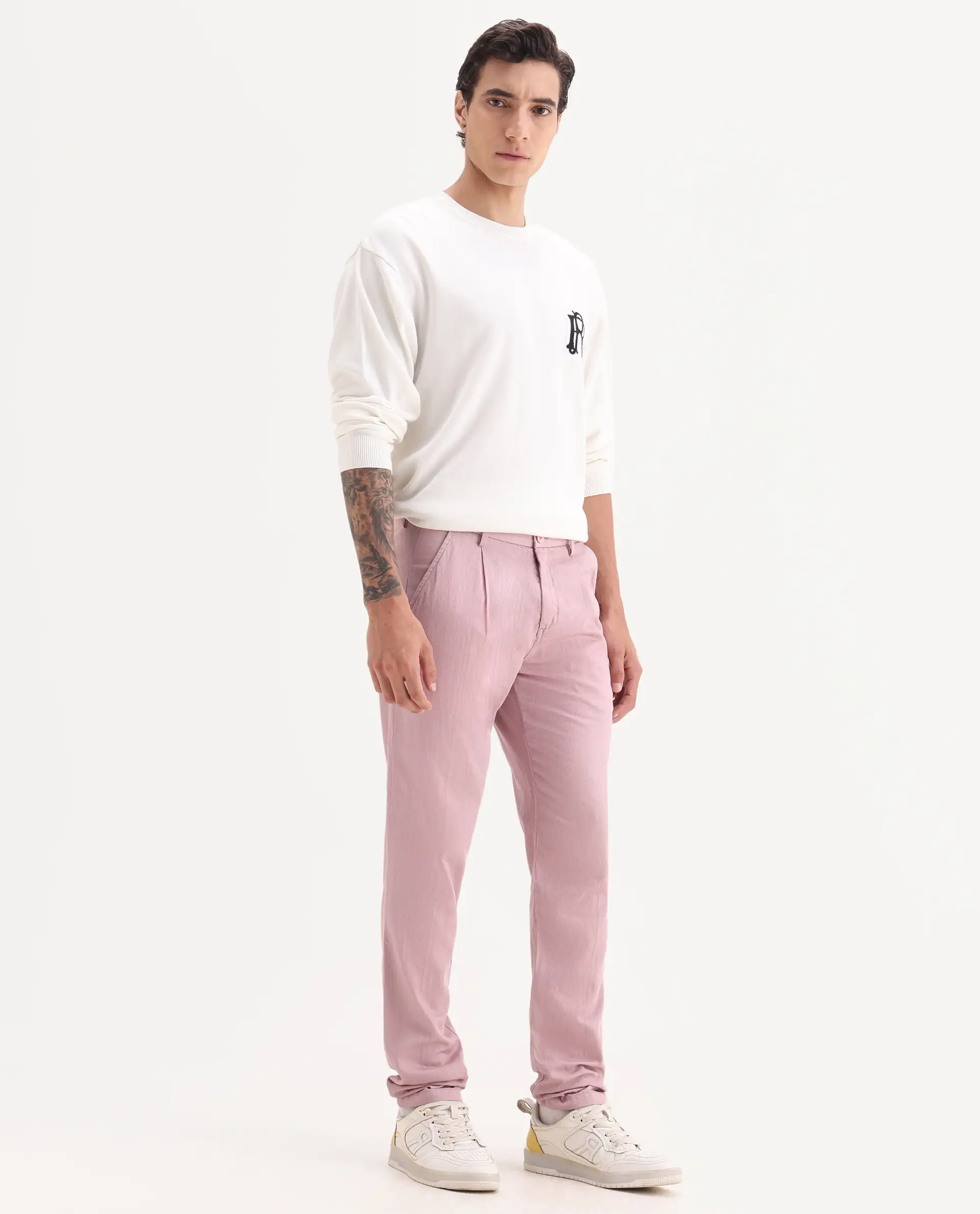 Rare Rabbit Men's Lyte Pink Cotton Plain Regular Fit Trouser - Image 4