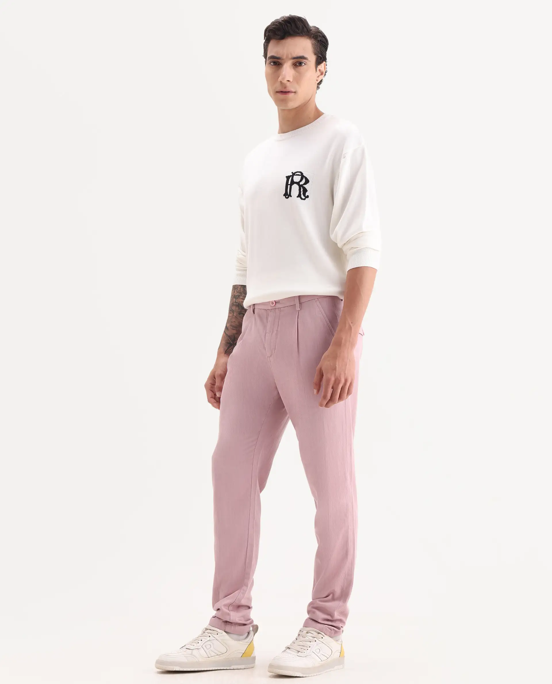 Rare Rabbit Men's Lyte Pink Cotton Plain Regular Fit Trouser - Image 5