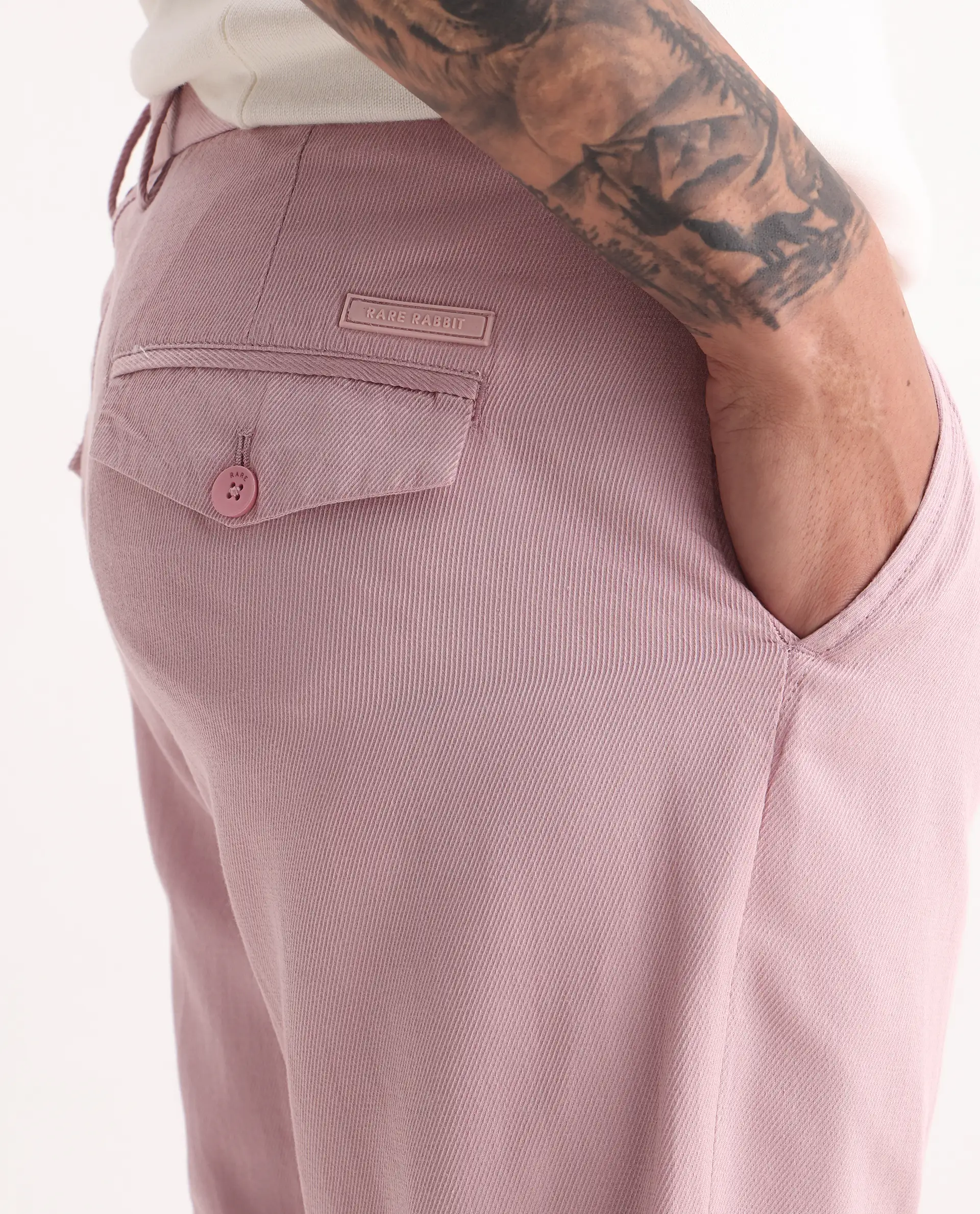 Rare Rabbit Men's Lyte Pink Cotton Plain Regular Fit Trouser - Image 6