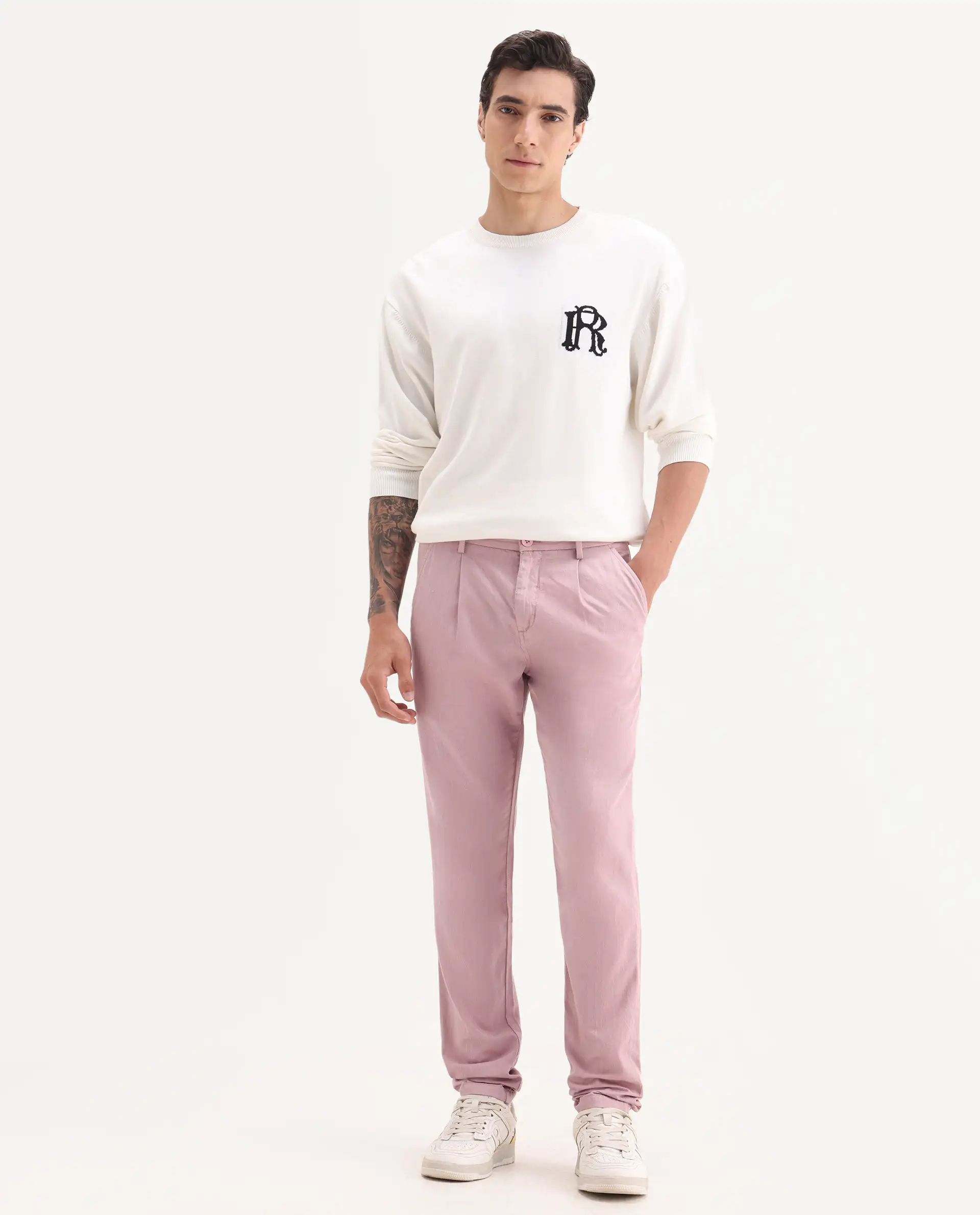 Rare Rabbit Men's Lyte Pink Cotton Plain Regular Fit Trouser - Image 7