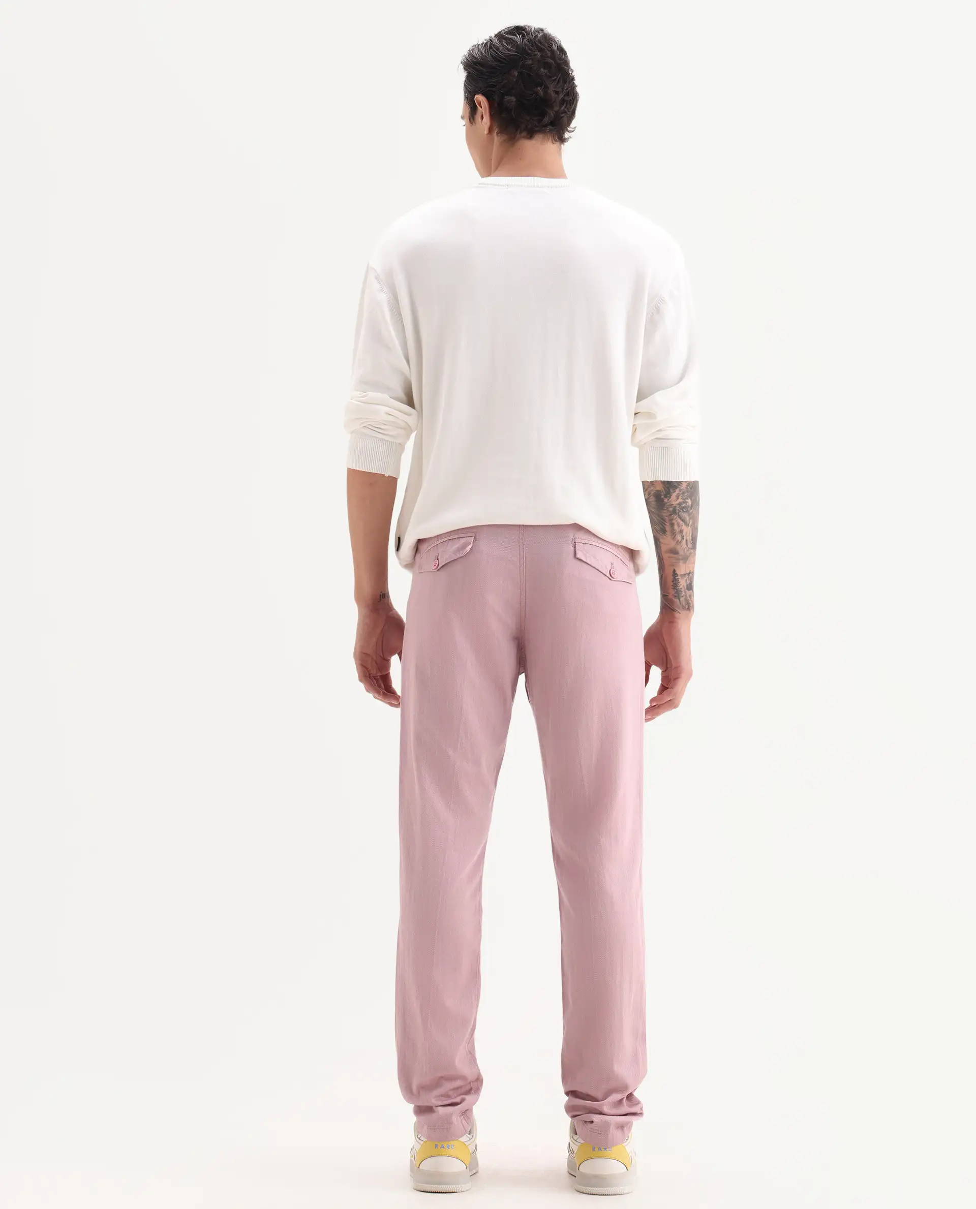 Rare Rabbit Men's Lyte Pink Cotton Plain Regular Fit Trouser - Image 8