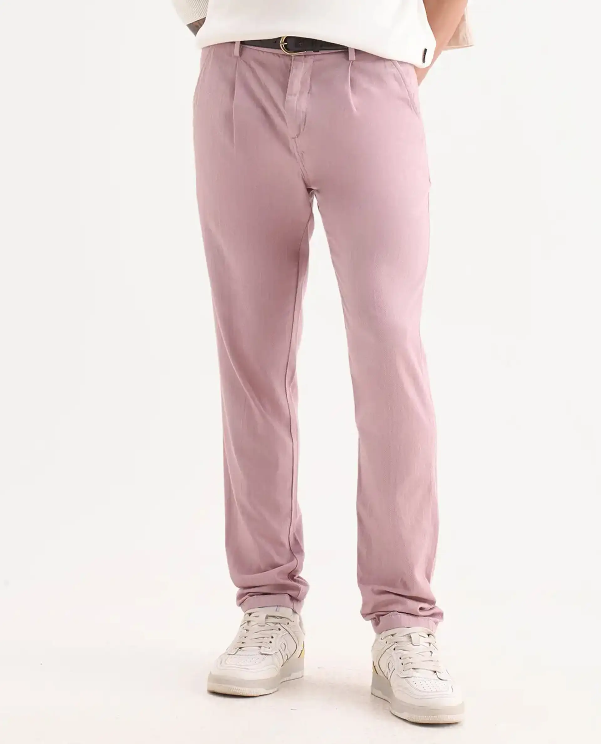 Rare Rabbit Men's Lyte Pink Cotton Plain Regular Fit Trouser - Image 9