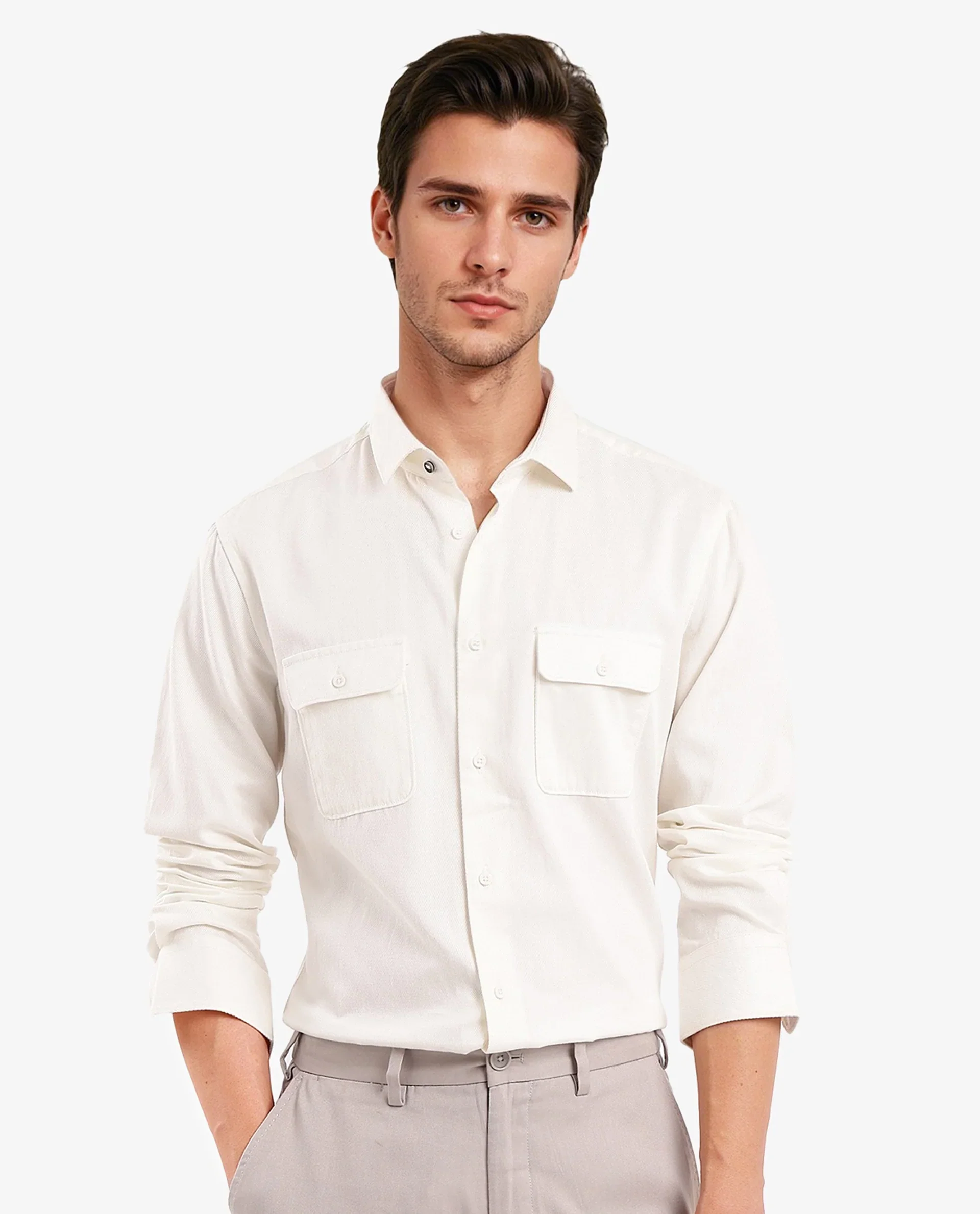 Rare Rabbit Men's Lyton 2 Off White Cotton Plain Regular Fit Full Sleeve Collared Shirt