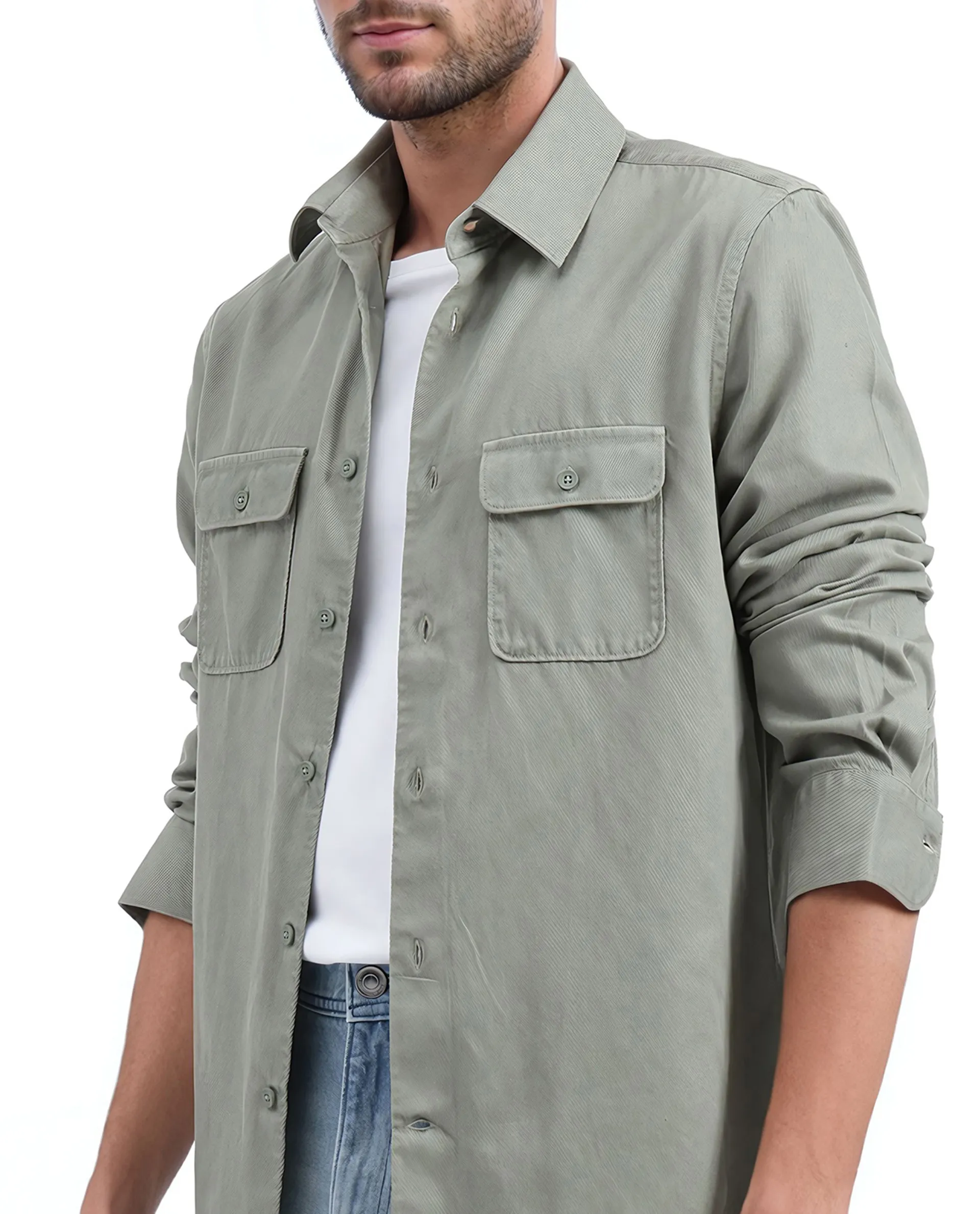 Rare Rabbit Men's Lyton-25 Dusky Green Cotton Blend Plain Regular Fit Full Sleeve Collared Shirt - Image 3
