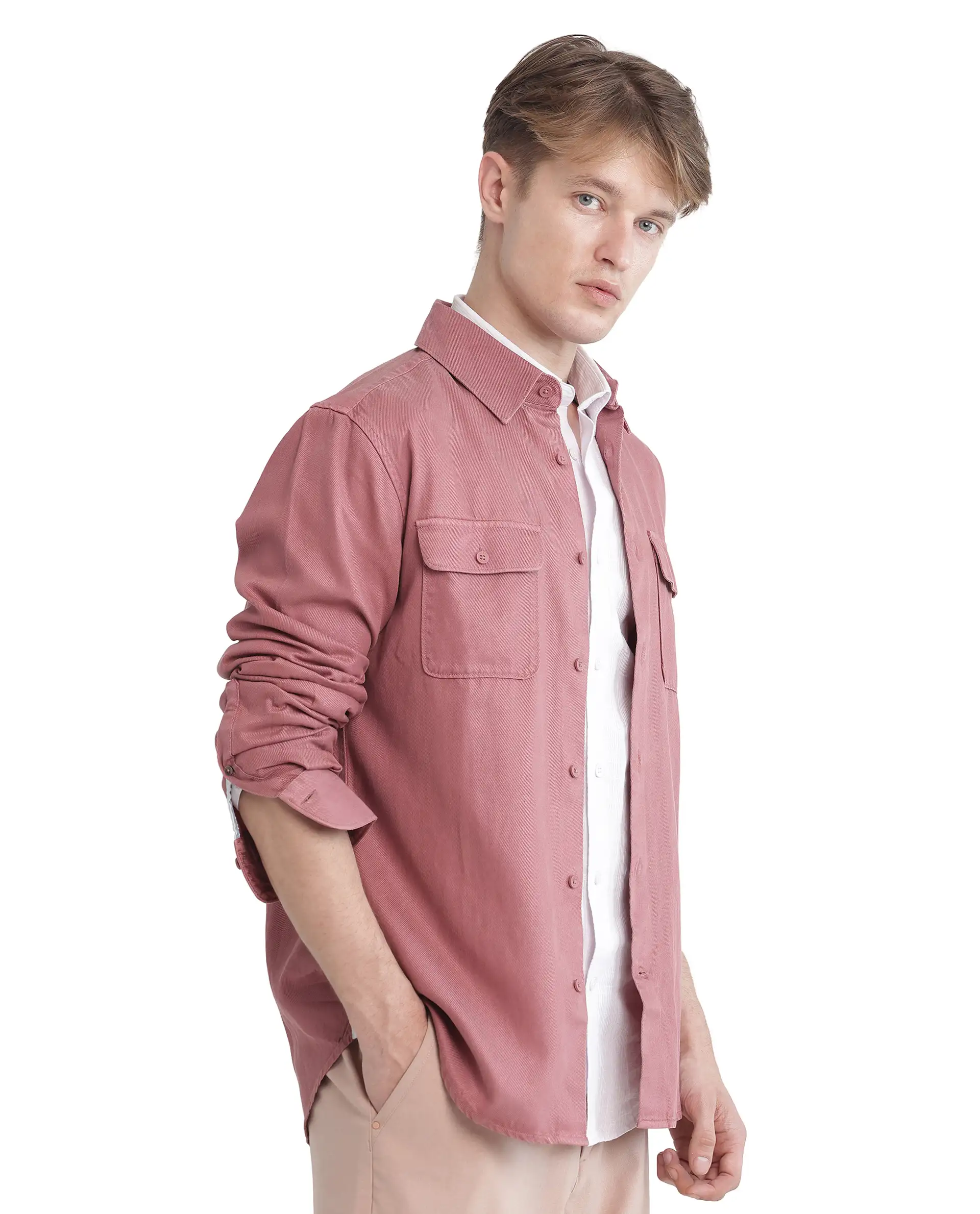 Rare Rabbit Men's Lyton-25 Dusky Pink Cotton Blend Plain Regular Fit Full Sleeve Collared Shirt - Image 5
