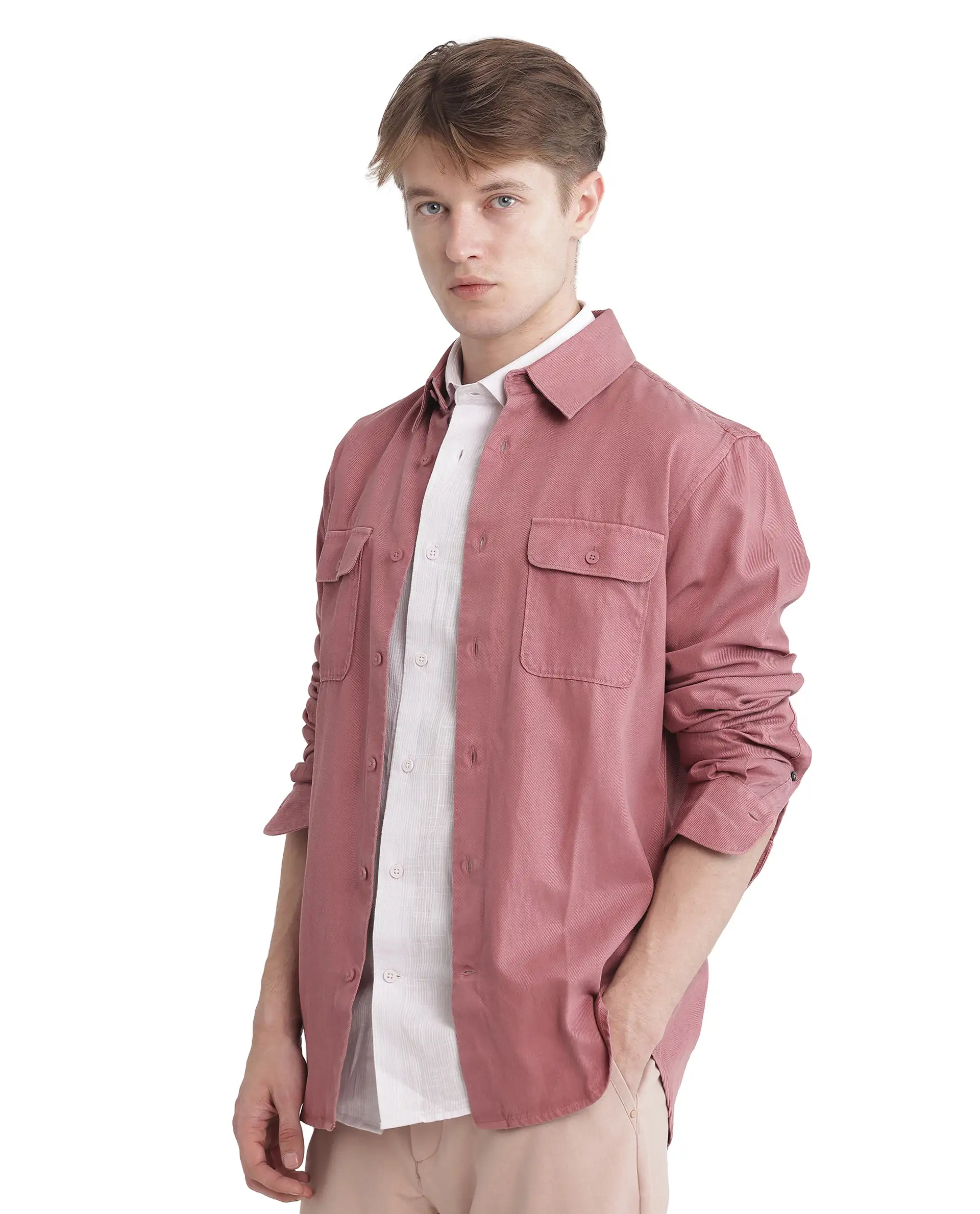 Rare Rabbit Men's Lyton-25 Dusky Pink Cotton Blend Plain Regular Fit Full Sleeve Collared Shirt - Image 6