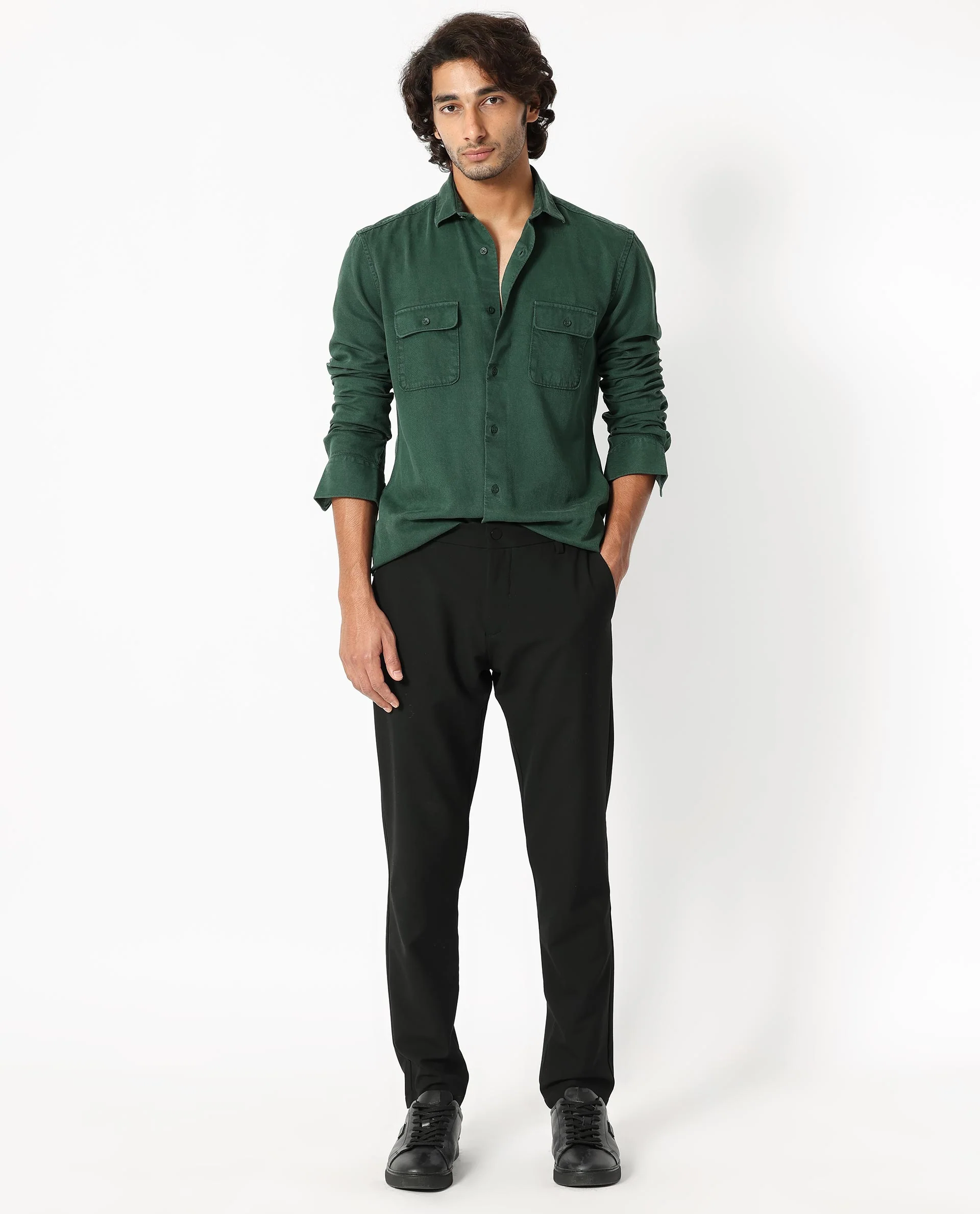 Rare Rabbit Men's Lyton Dark Green Cotton Plain Regular Fit Full Sleeve Spread Collar Shirt - Image 4