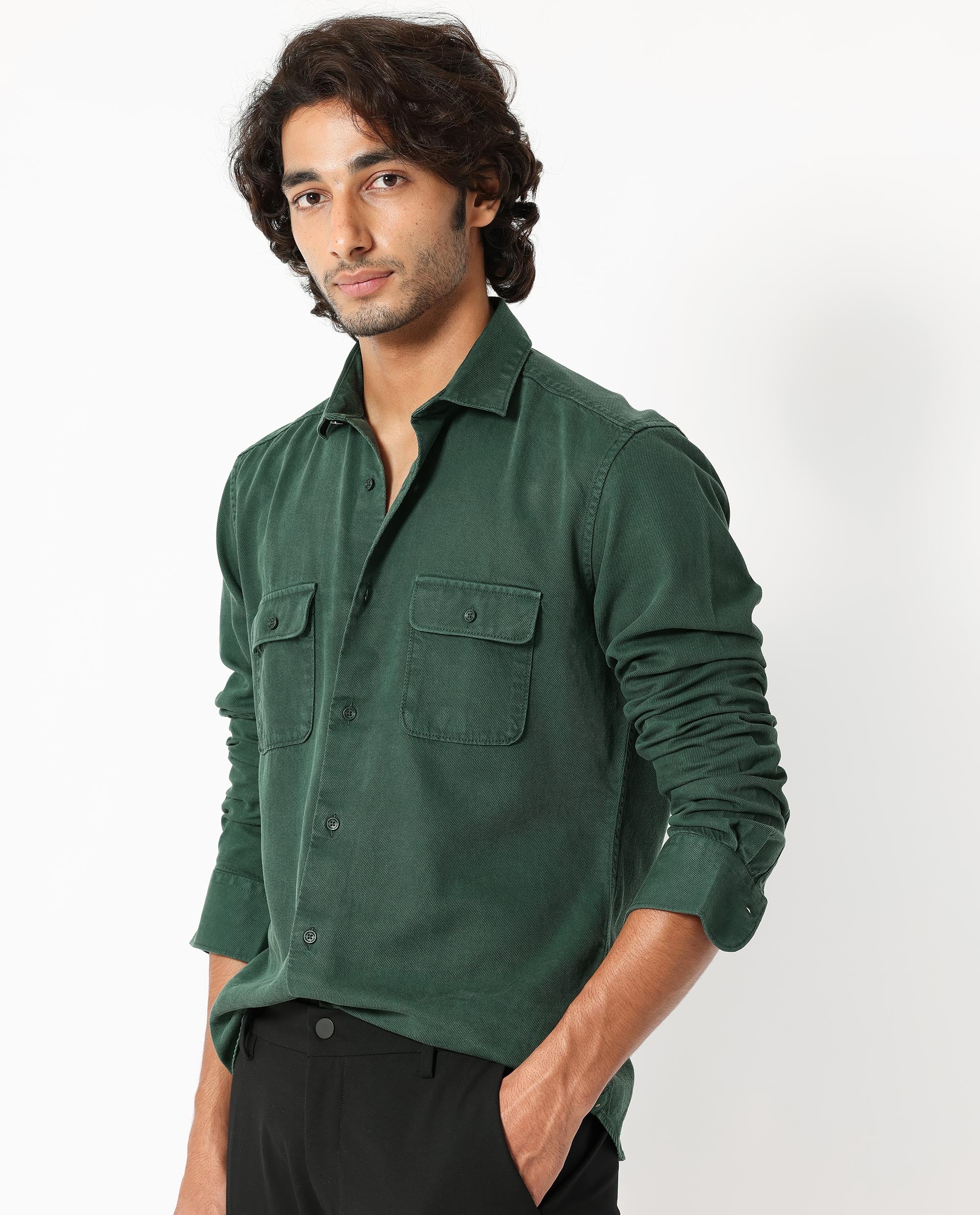 Rare Rabbit Men's Lyton Dark Green Cotton Plain Regular Fit Full Sleeve Spread Collar Shirt - Image 5