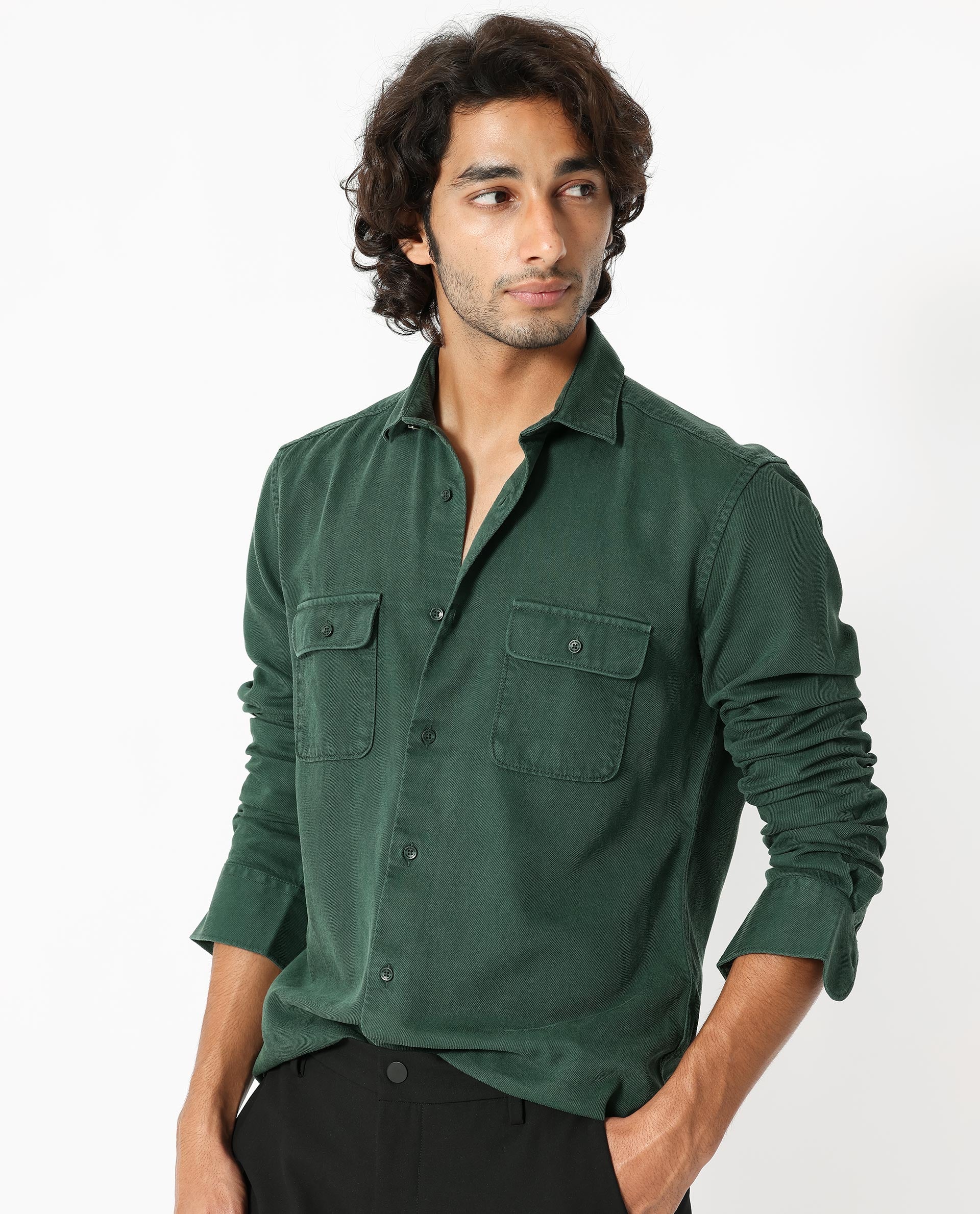Rare Rabbit Men's Lyton Dark Green Cotton Plain Regular Fit Full Sleeve Spread Collar Shirt - Image 7