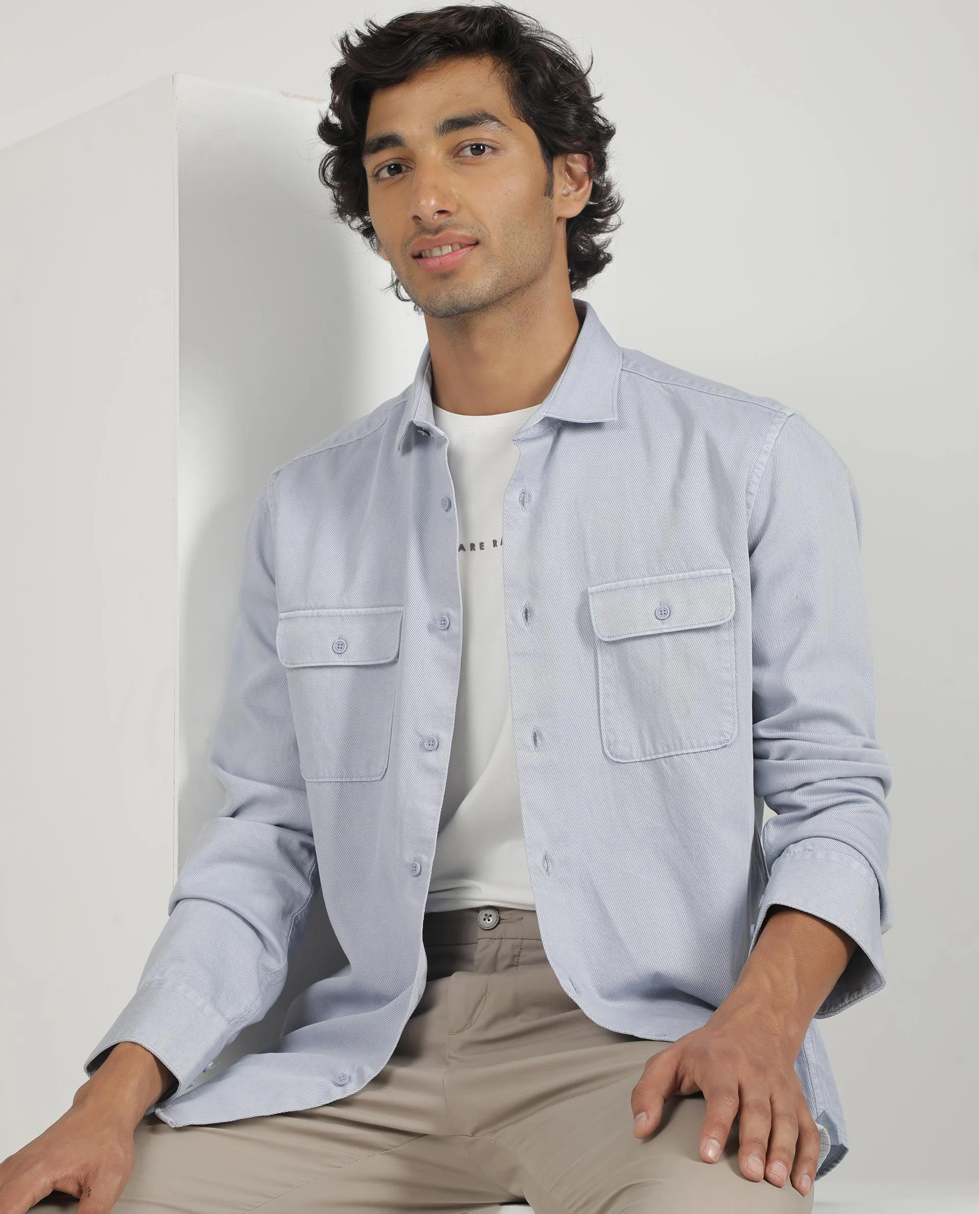 Rare Rabbit Men's Lyton Pastel Blue Cotton Plain Regular Fit Full Sleeve Collared Shirt