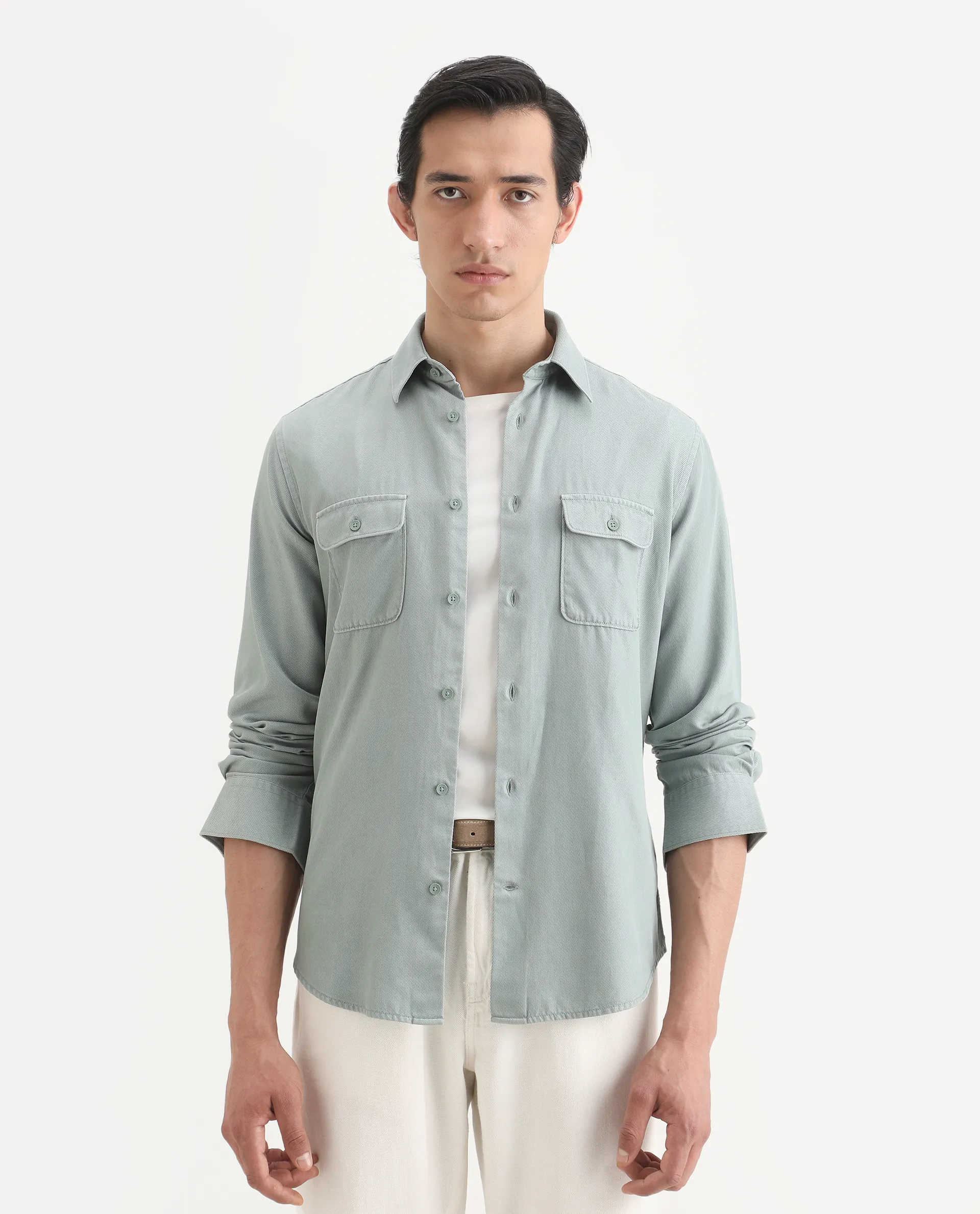 Rare Rabbit Men's Lyton-Ss26 Dusky Green Cotton Blend Fabric Full Sleeve Spread Collar Regular Fit Plain Shirt - Image 3