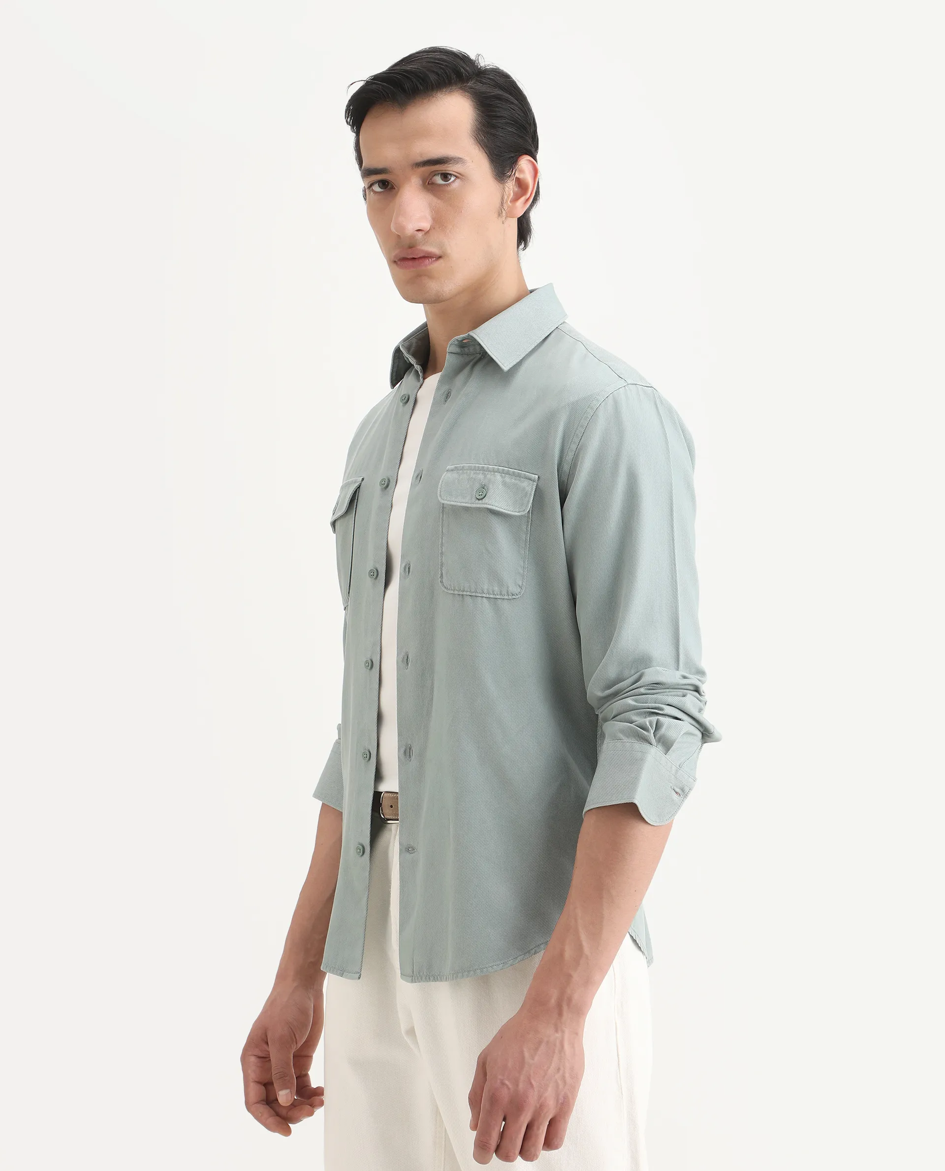 Rare Rabbit Men's Lyton-Ss26 Dusky Green Cotton Blend Fabric Full Sleeve Spread Collar Regular Fit Plain Shirt - Image 5