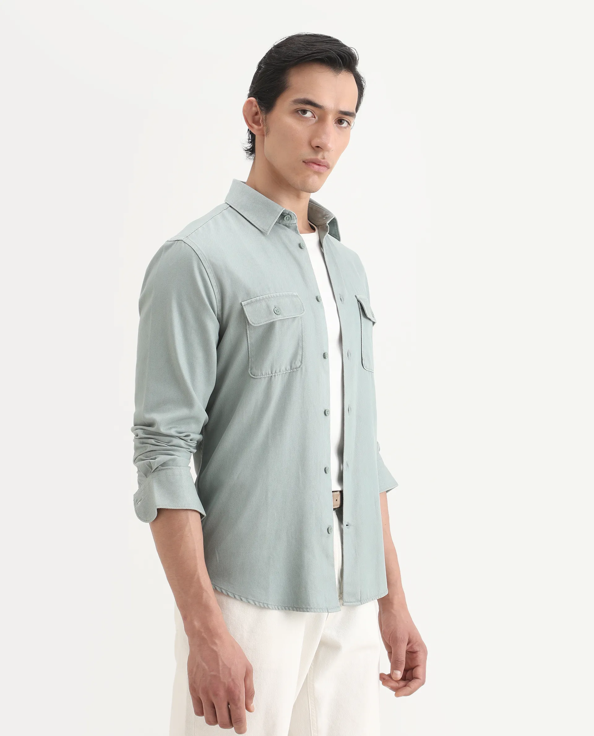 Rare Rabbit Men's Lyton-Ss26 Dusky Green Cotton Blend Fabric Full Sleeve Spread Collar Regular Fit Plain Shirt - Image 6