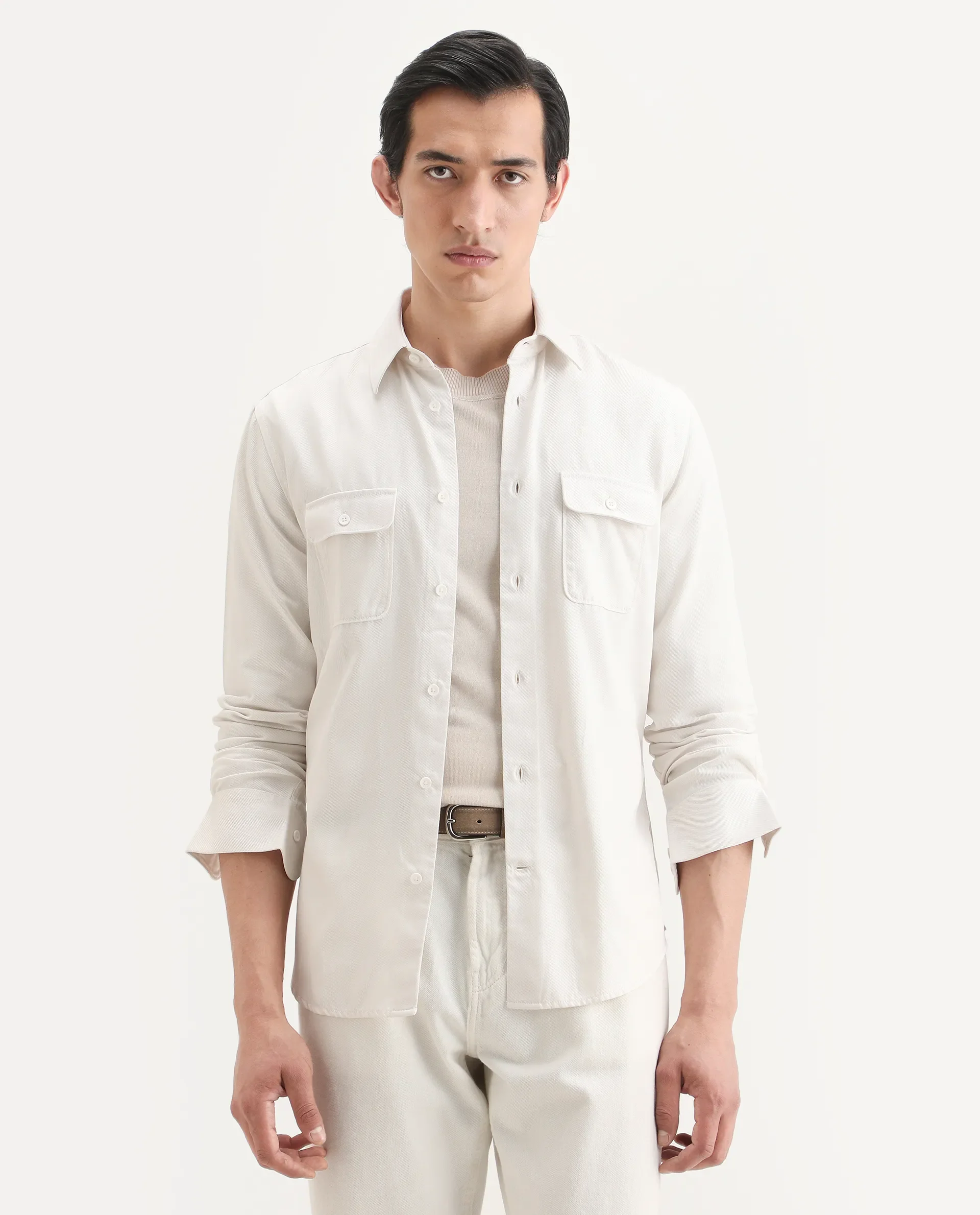 Rare Rabbit Men's Lyton-Ss26 Off White Cotton Blend Fabric Full Sleeve Spread Collar Regular Fit Plain Shirt - Image 3