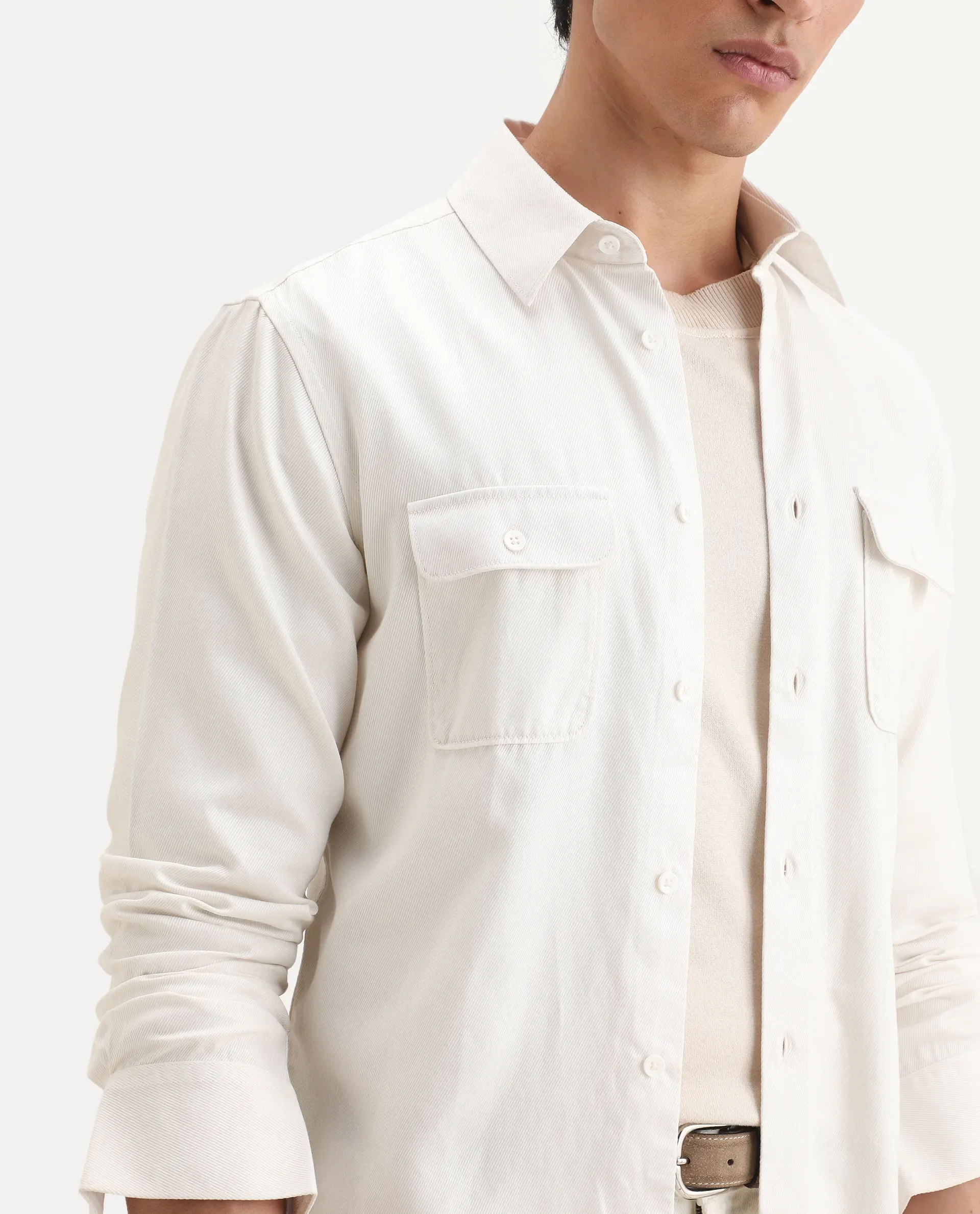 Rare Rabbit Men's Lyton-Ss26 Off White Cotton Blend Fabric Full Sleeve Spread Collar Regular Fit Plain Shirt - Image 4
