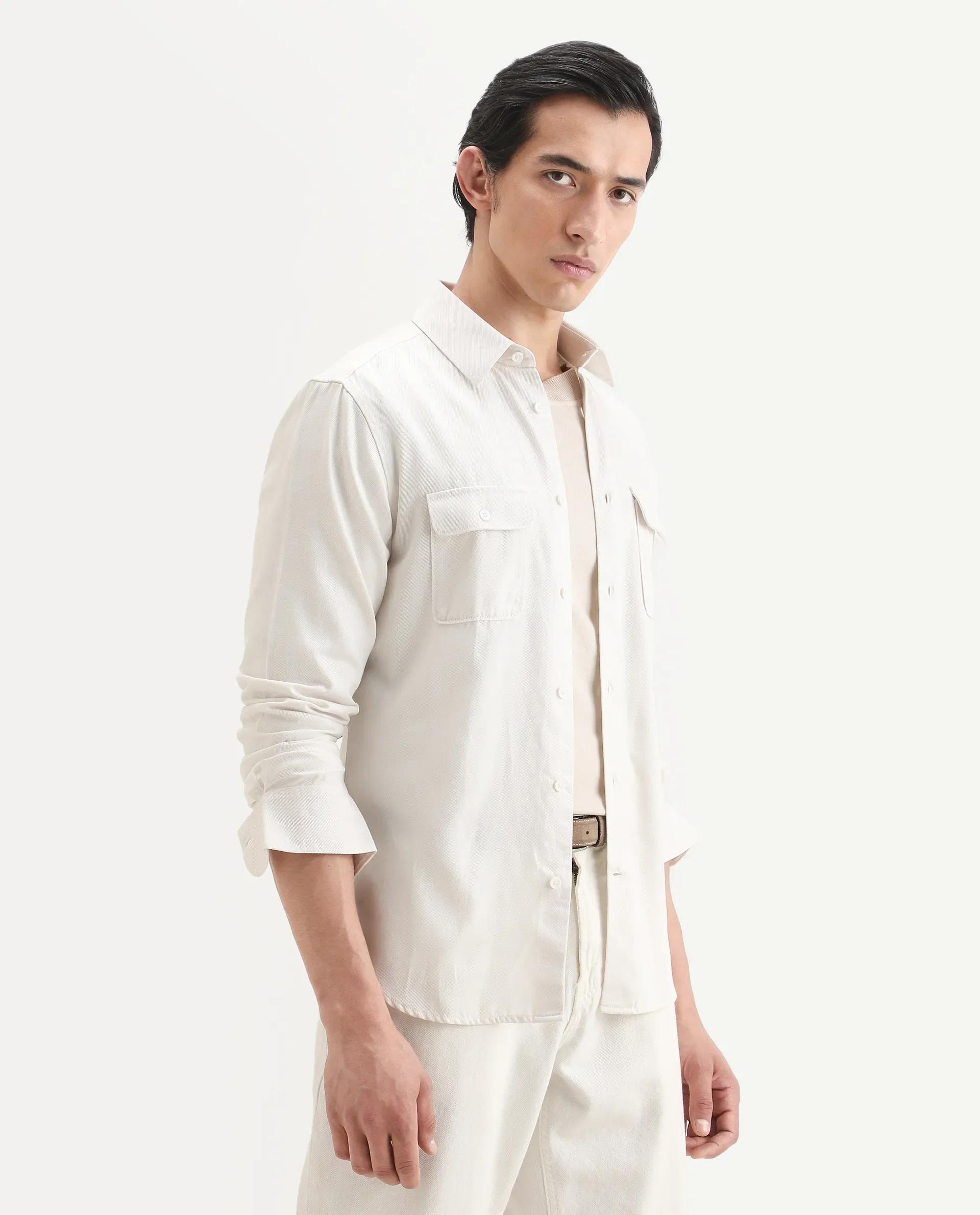 Rare Rabbit Men's Lyton-Ss26 Off White Cotton Blend Fabric Full Sleeve Spread Collar Regular Fit Plain Shirt - Image 6