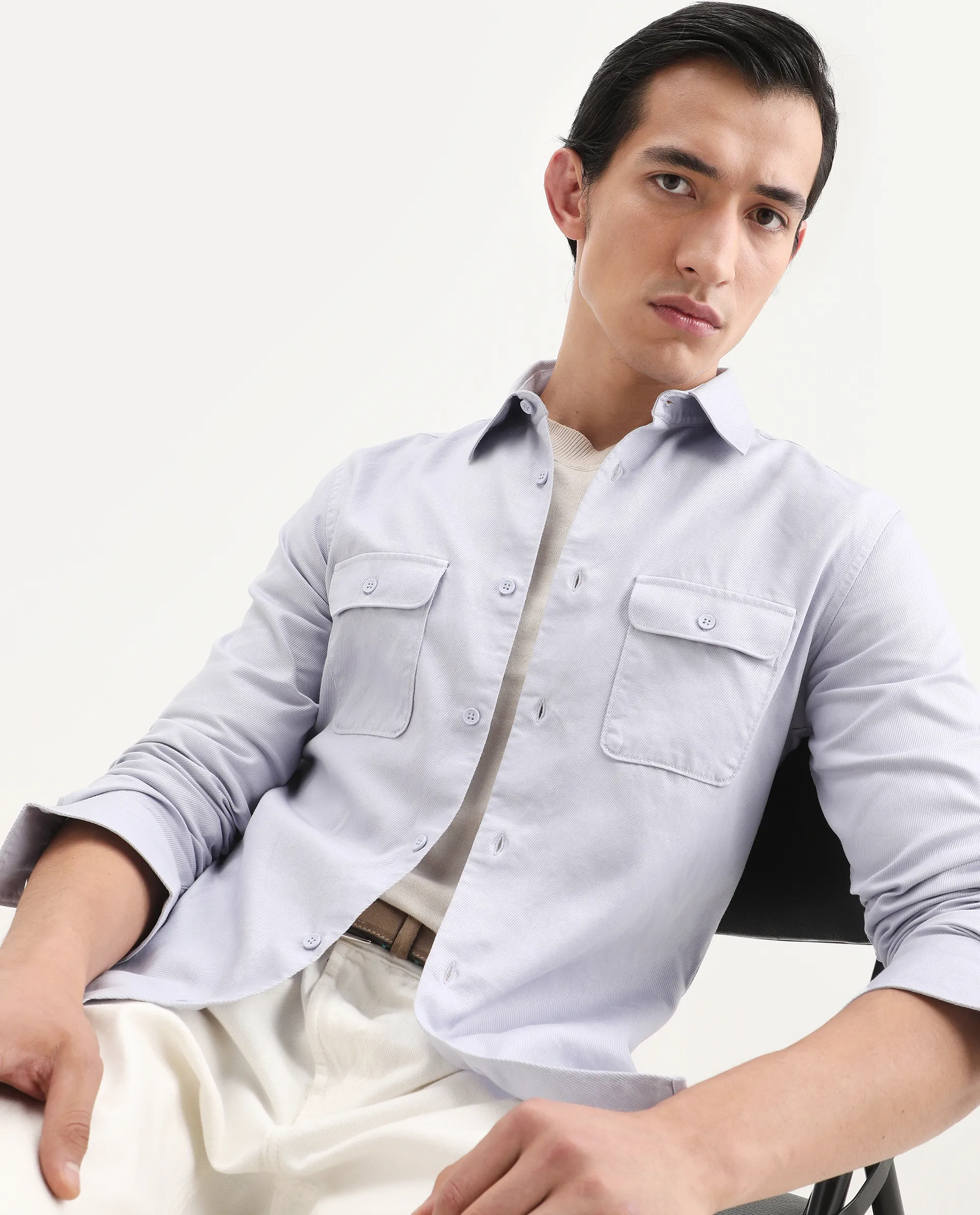 Rare Rabbit Men's Lyton-Ss26 Pastel Blue Cotton Blend Fabric Full Sleeve Spread Collar Regular Fit Plain Shirt