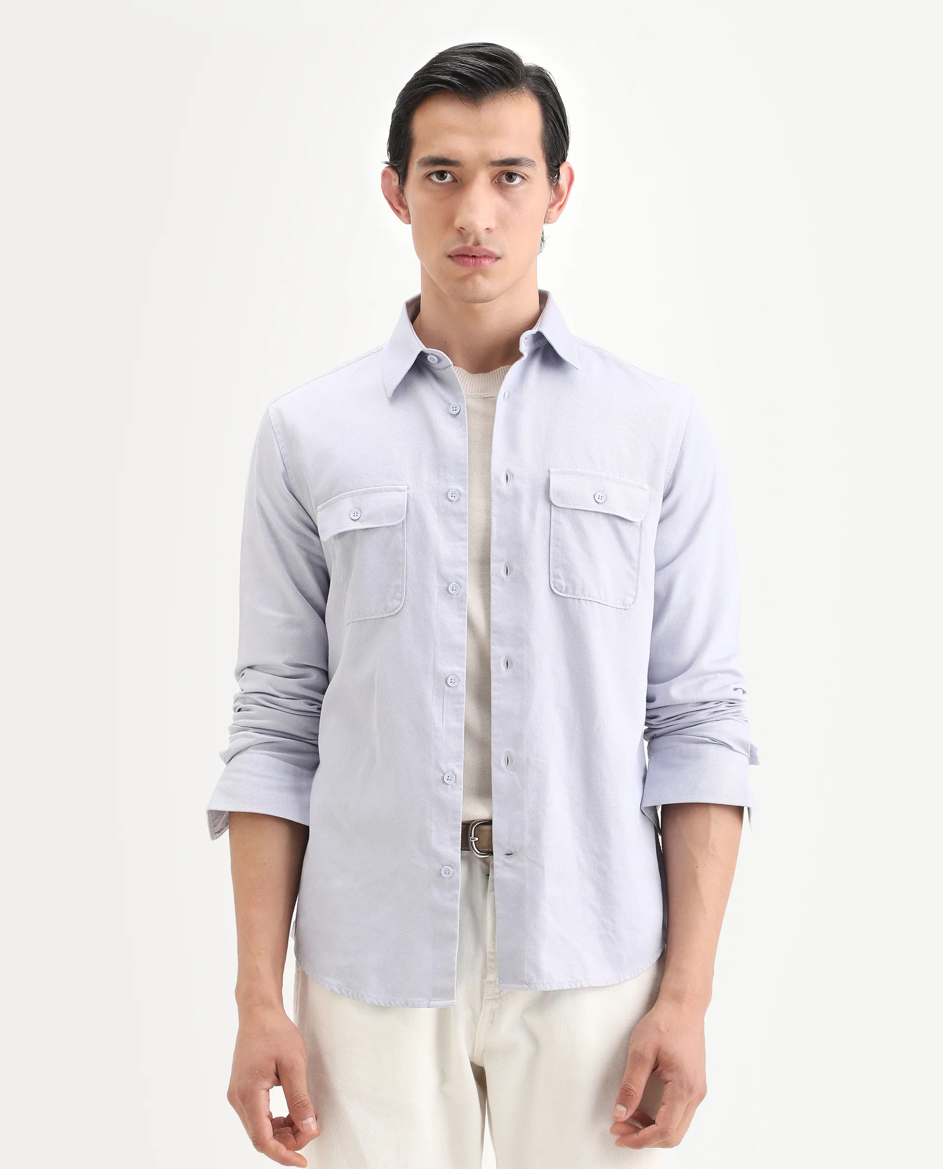 Rare Rabbit Men's Lyton-Ss26 Pastel Blue Cotton Blend Fabric Full Sleeve Spread Collar Regular Fit Plain Shirt - Image 3