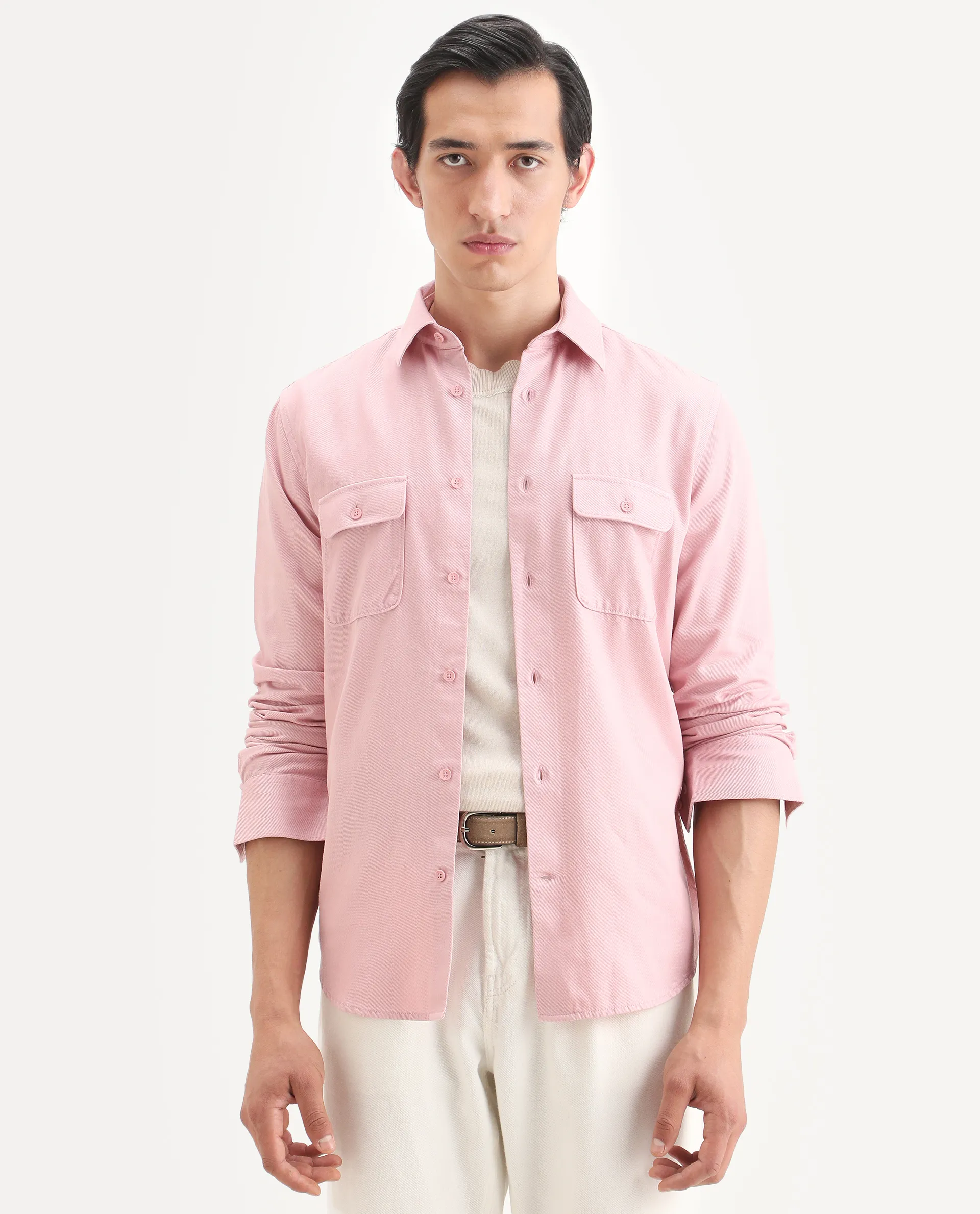 Rare Rabbit Men's Lyton-Ss26 Pastel Pink Cotton Blend Fabric Full Sleeve Spread Collar Regular Fit Plain Shirt - Image 4