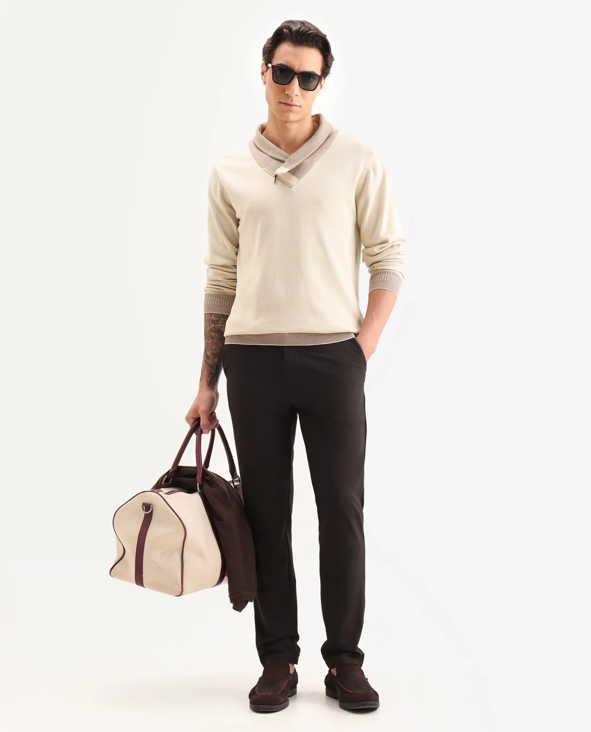 Rare Rabbit Men's Lyzo Beige Cotton Plain Regular Fit Full Sleeve Cowl Neck Sweater - Image 2