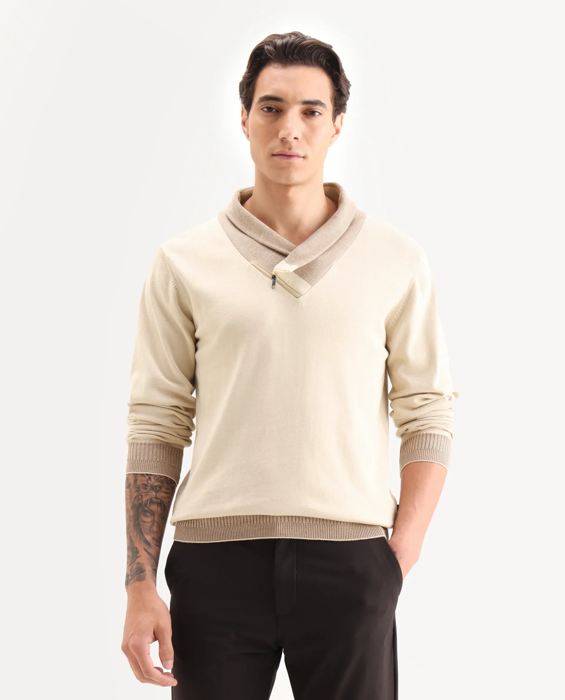 Rare Rabbit Men's Lyzo Beige Cotton Plain Regular Fit Full Sleeve Cowl Neck Sweater - Image 4