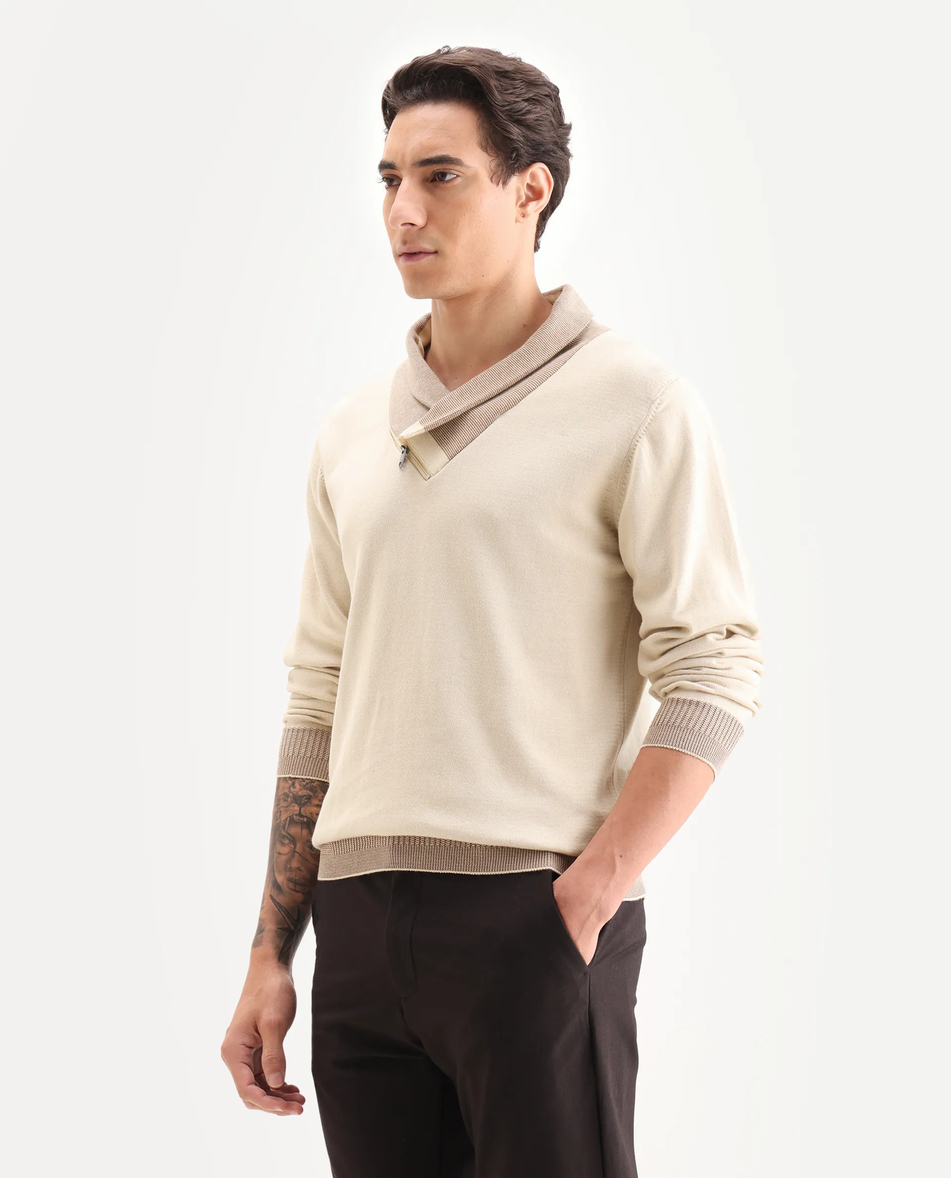 Rare Rabbit Men's Lyzo Beige Cotton Plain Regular Fit Full Sleeve Cowl Neck Sweater - Image 5