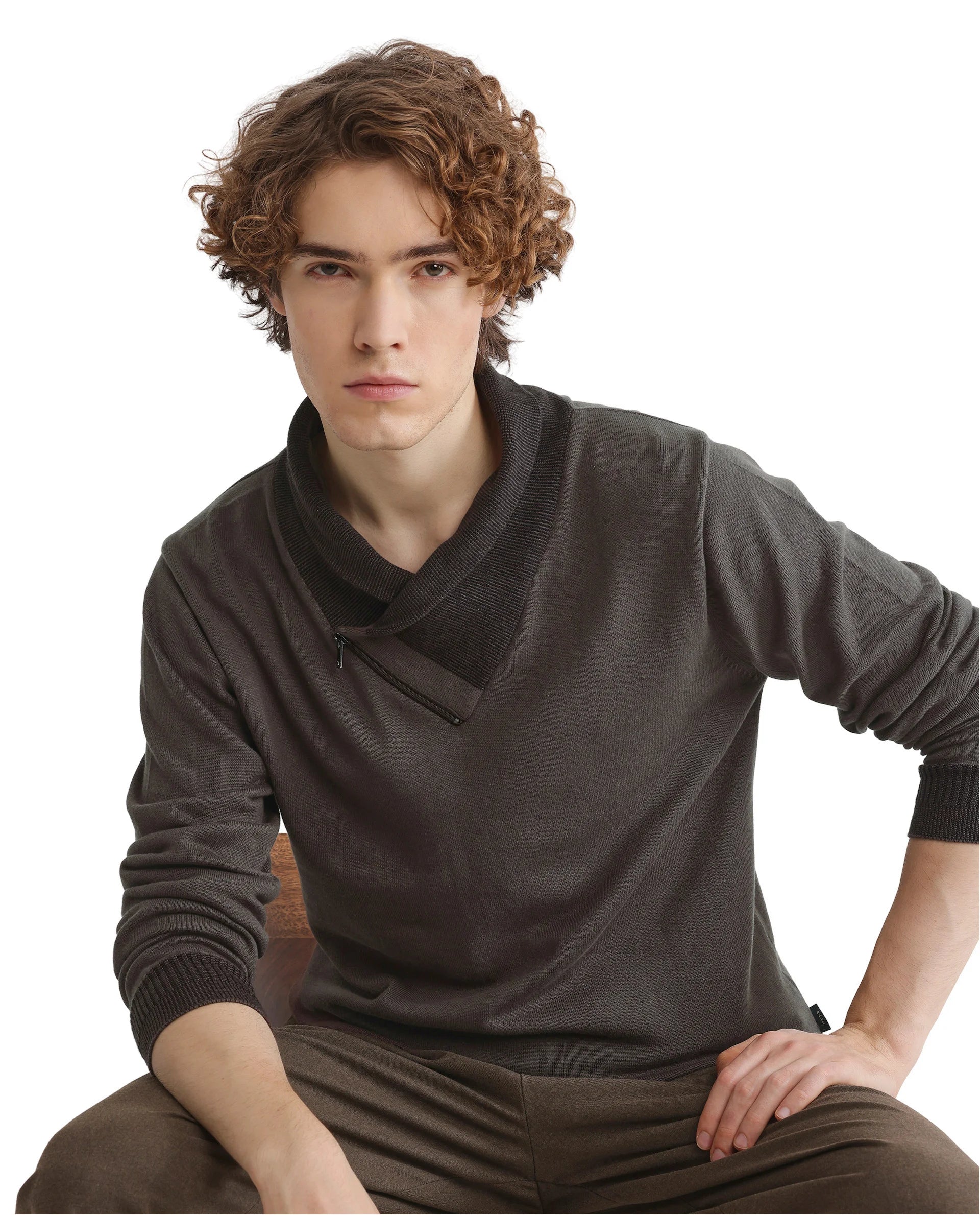 Rare Rabbit Men's Lyzo Brown Cotton Plain Regular Fit Full Sleeve Cowl Neck Sweater