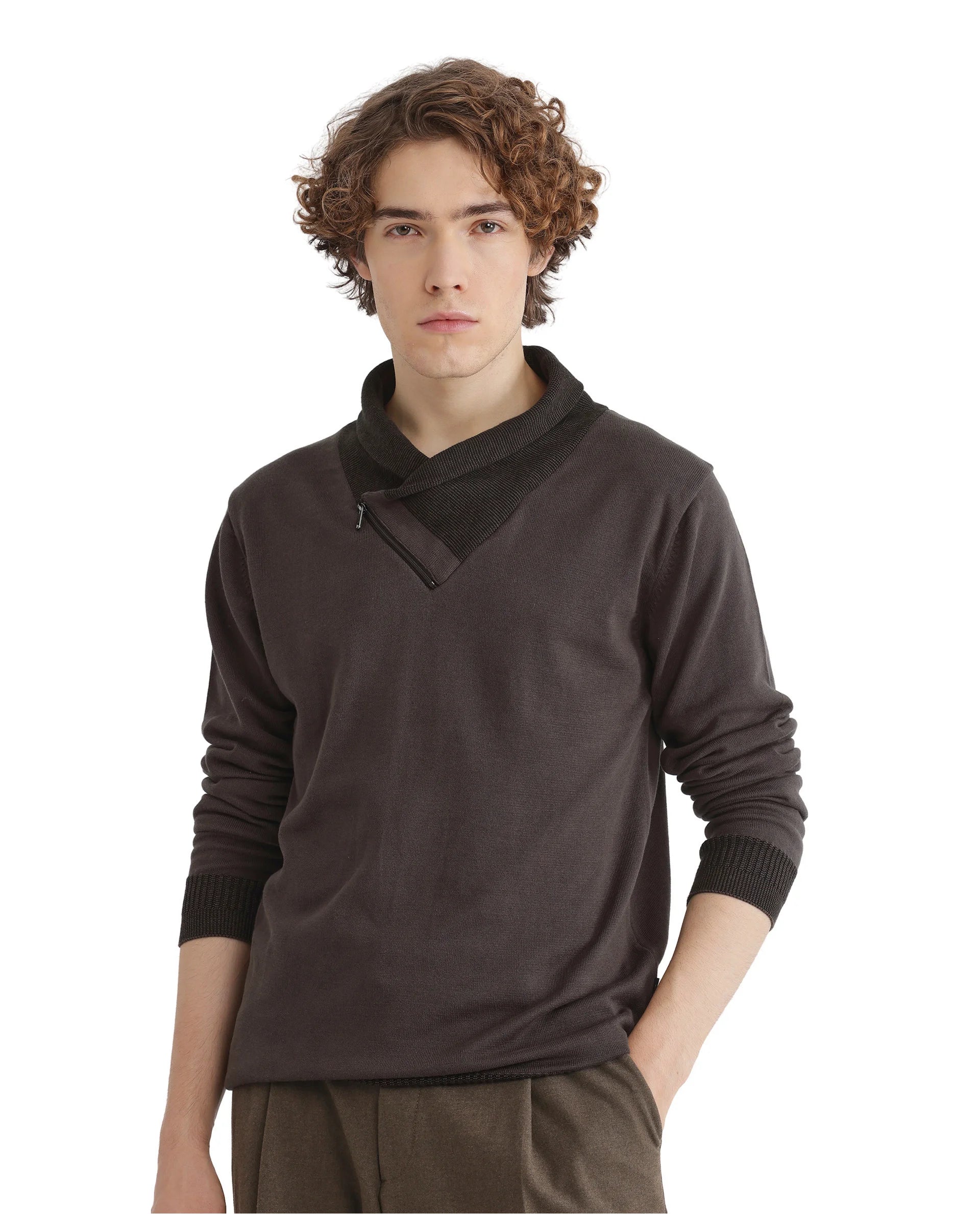 Rare Rabbit Men's Lyzo Brown Cotton Plain Regular Fit Full Sleeve Cowl Neck Sweater - Image 2