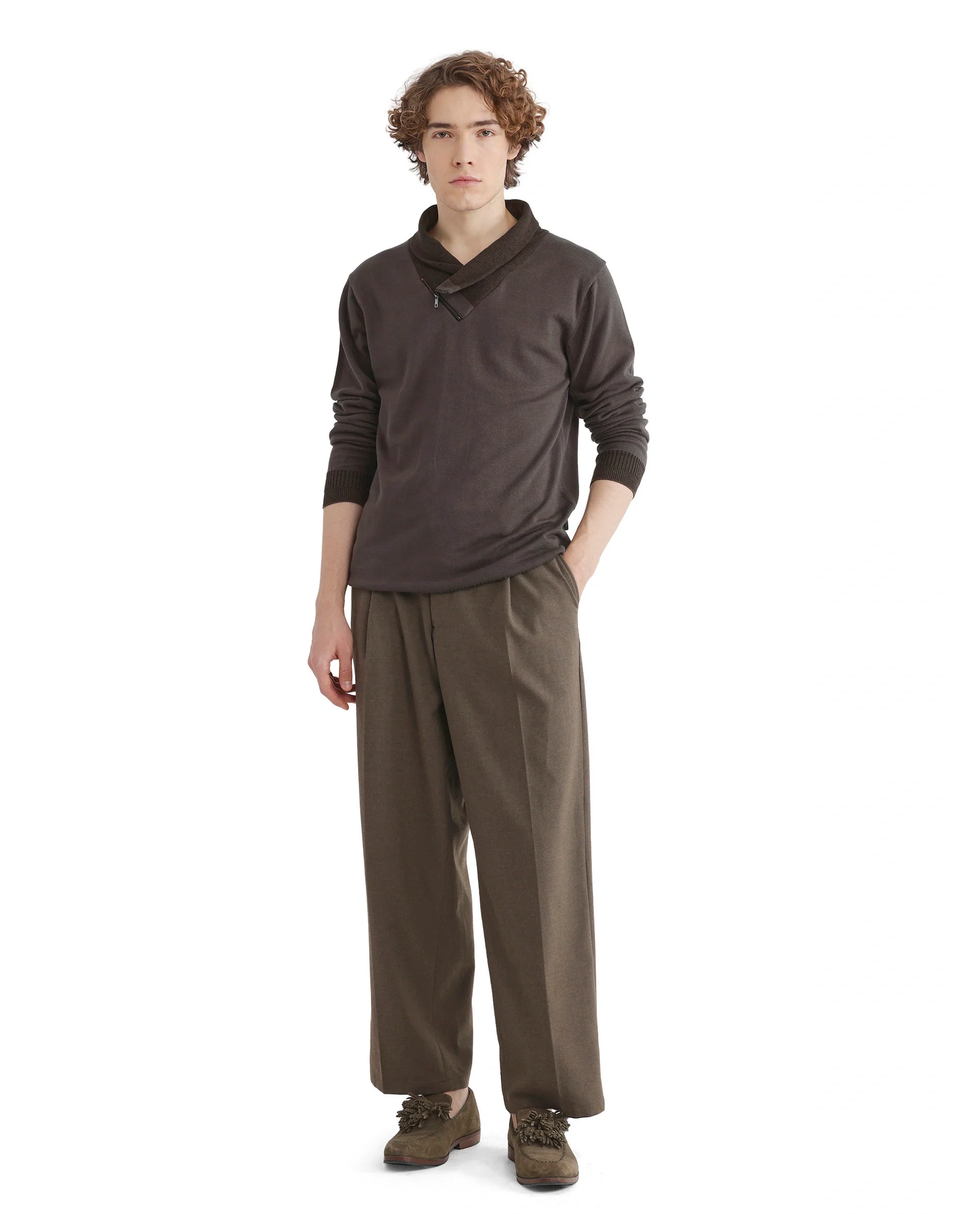 Rare Rabbit Men's Lyzo Brown Cotton Plain Regular Fit Full Sleeve Cowl Neck Sweater - Image 3