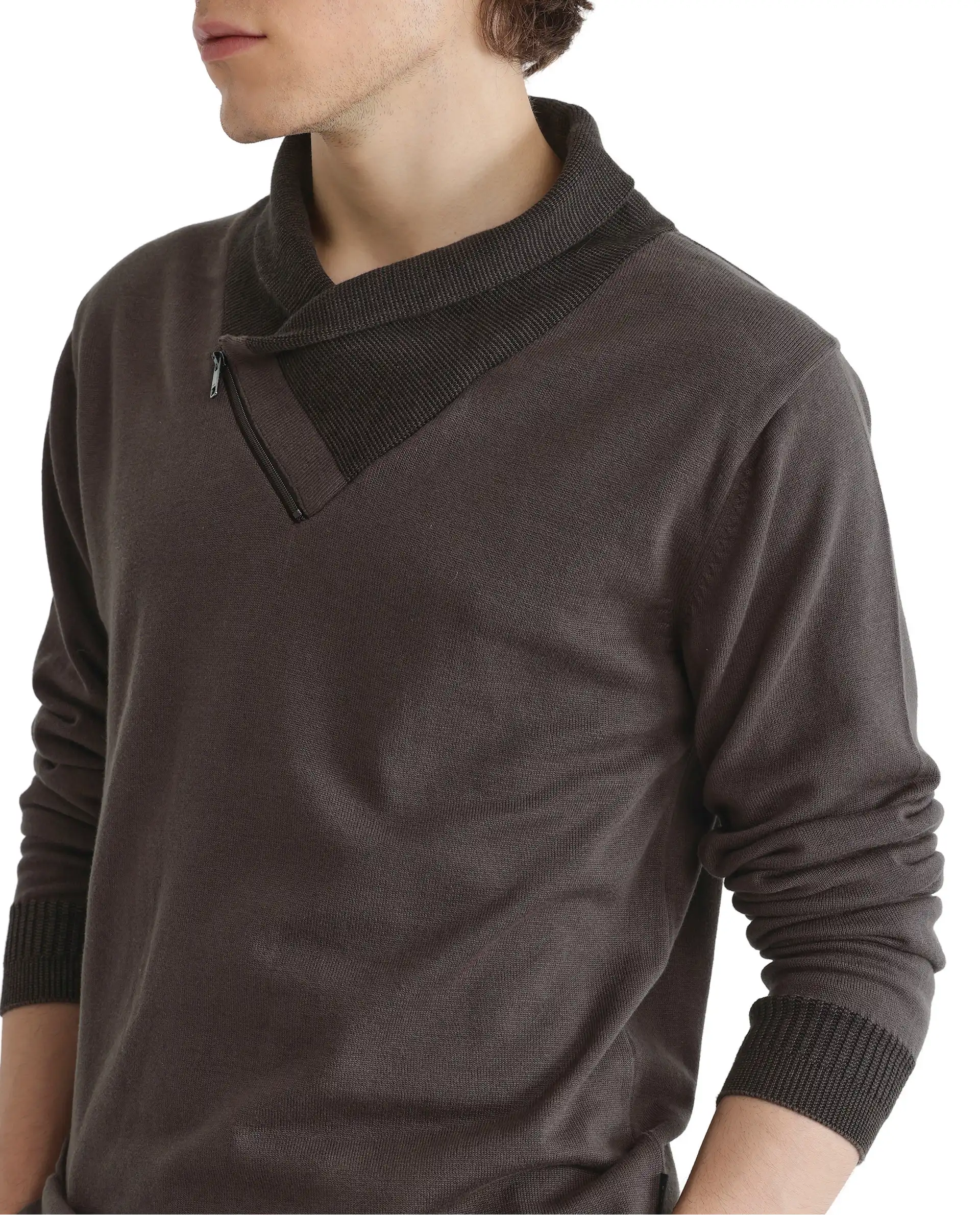 Rare Rabbit Men's Lyzo Brown Cotton Plain Regular Fit Full Sleeve Cowl Neck Sweater - Image 4