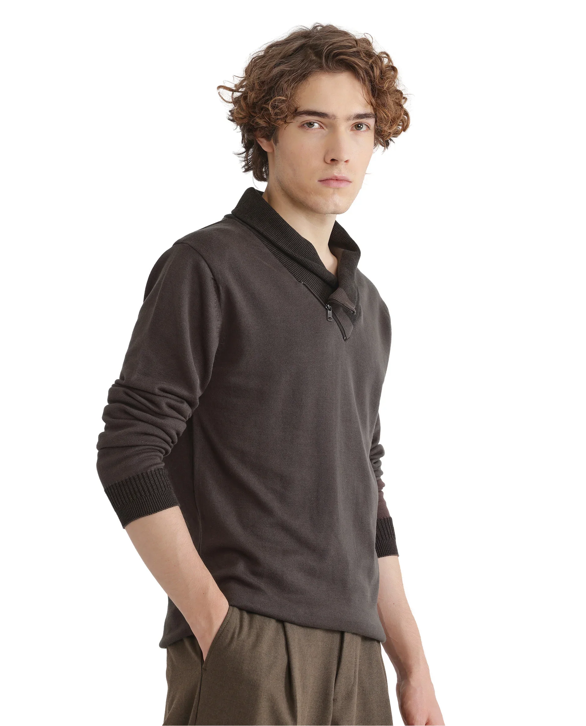 Rare Rabbit Men's Lyzo Brown Cotton Plain Regular Fit Full Sleeve Cowl Neck Sweater - Image 6