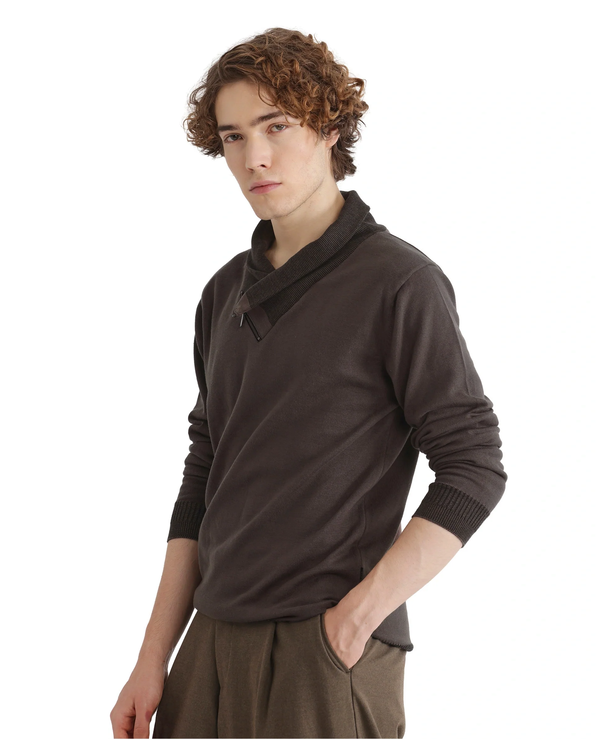 Rare Rabbit Men's Lyzo Brown Cotton Plain Regular Fit Full Sleeve Cowl Neck Sweater - Image 7
