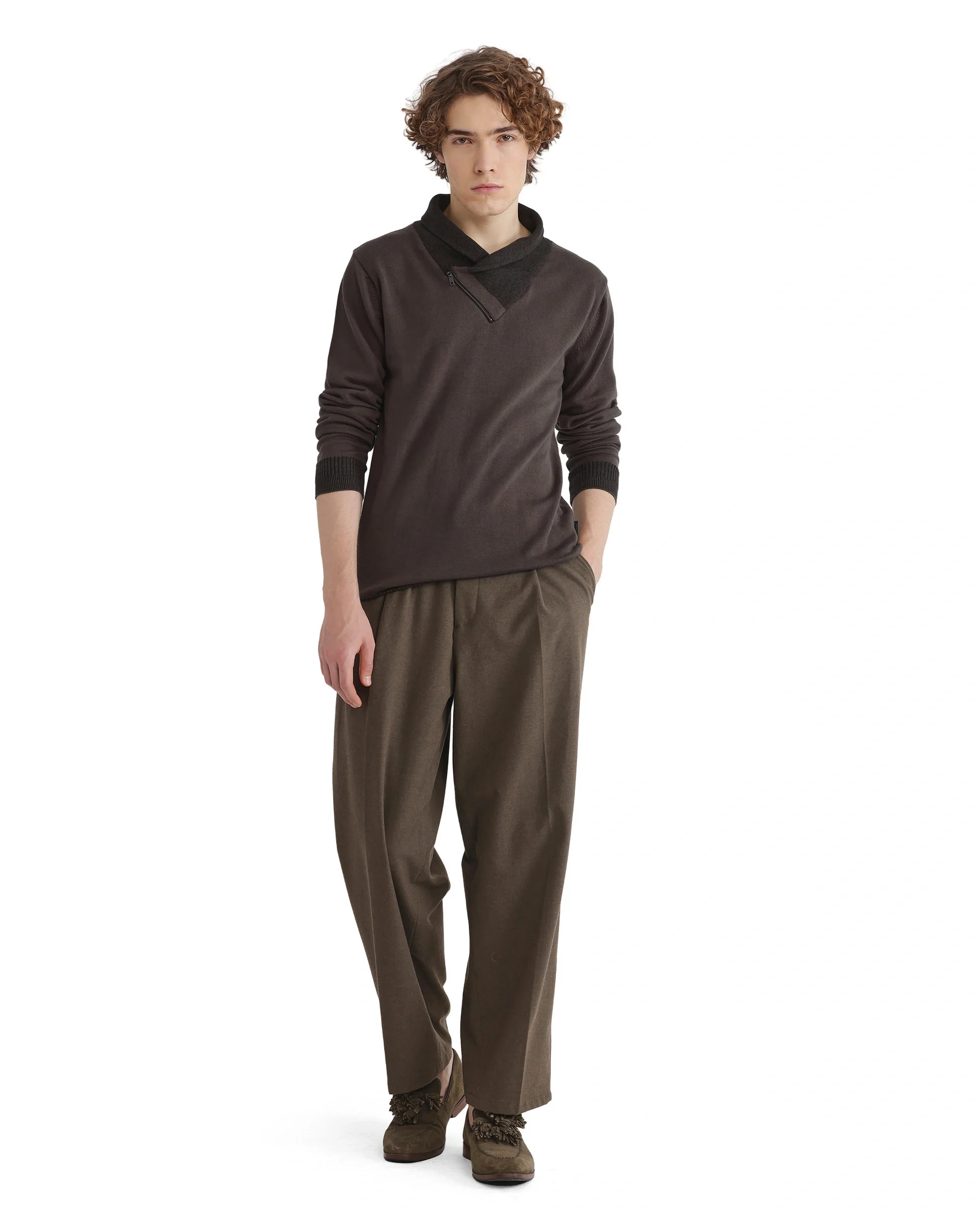 Rare Rabbit Men's Lyzo Brown Cotton Plain Regular Fit Full Sleeve Cowl Neck Sweater - Image 8