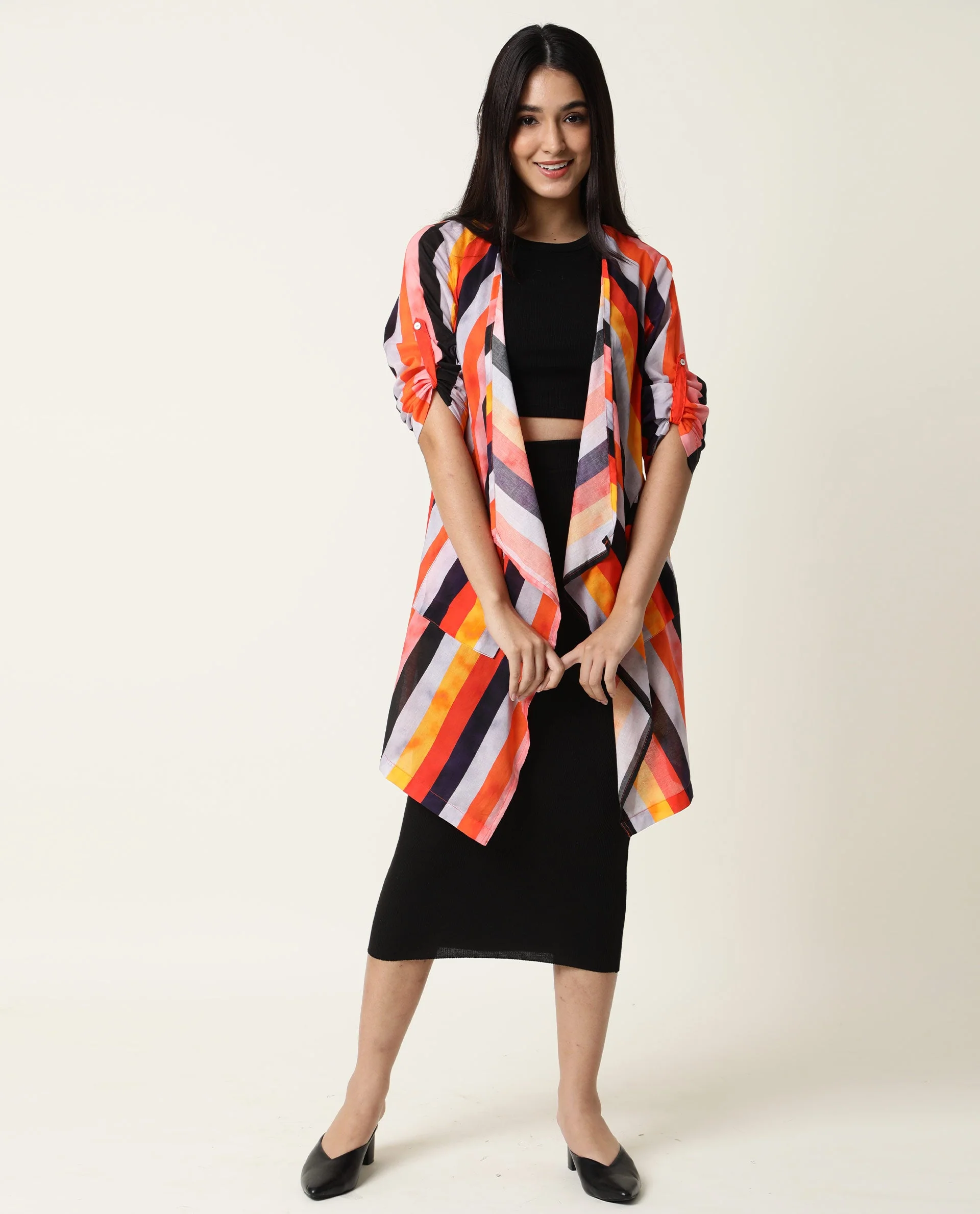 Rareism Women's Maaza Multi Cotton Collarless Striped Relaxed Fit Shrug - Image 2