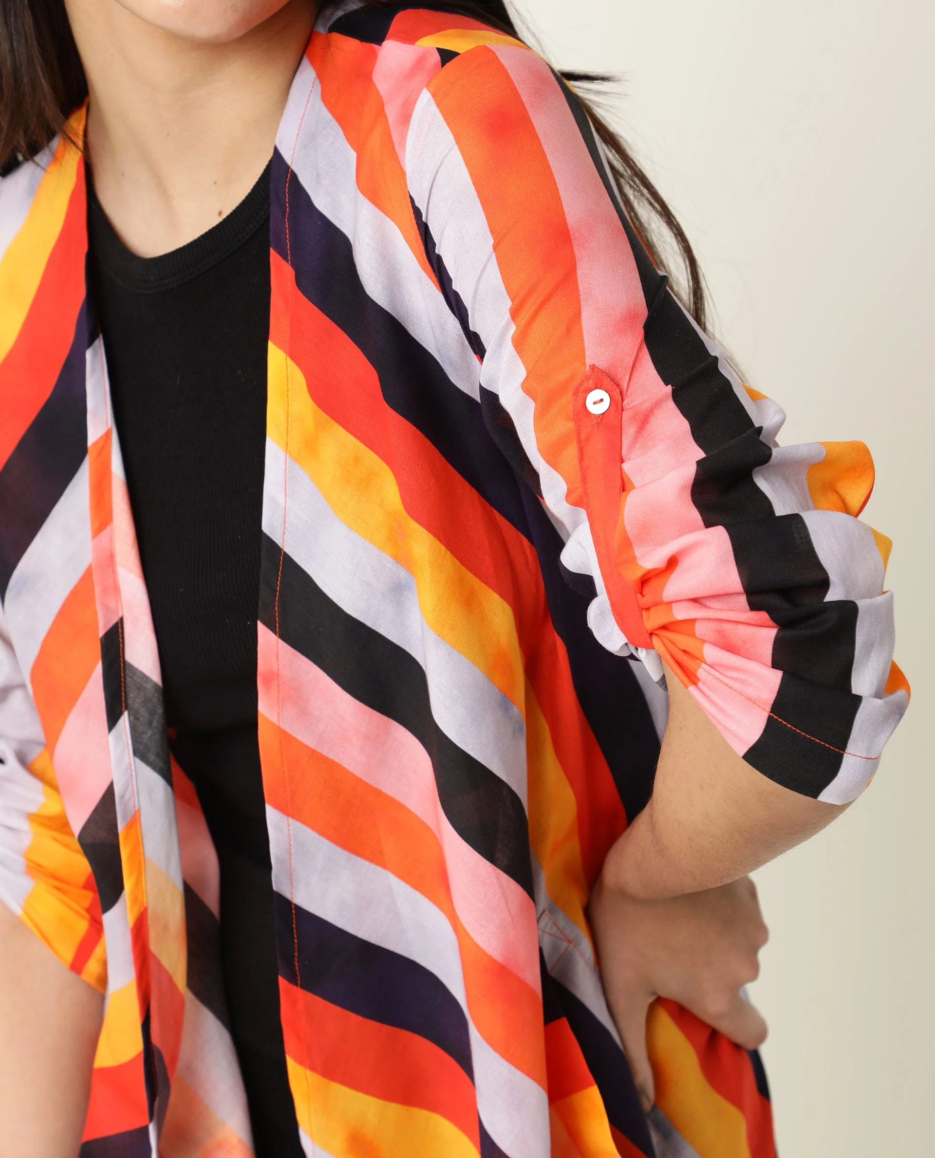 Rareism Women's Maaza Multi Cotton Collarless Striped Relaxed Fit Shrug - Image 3