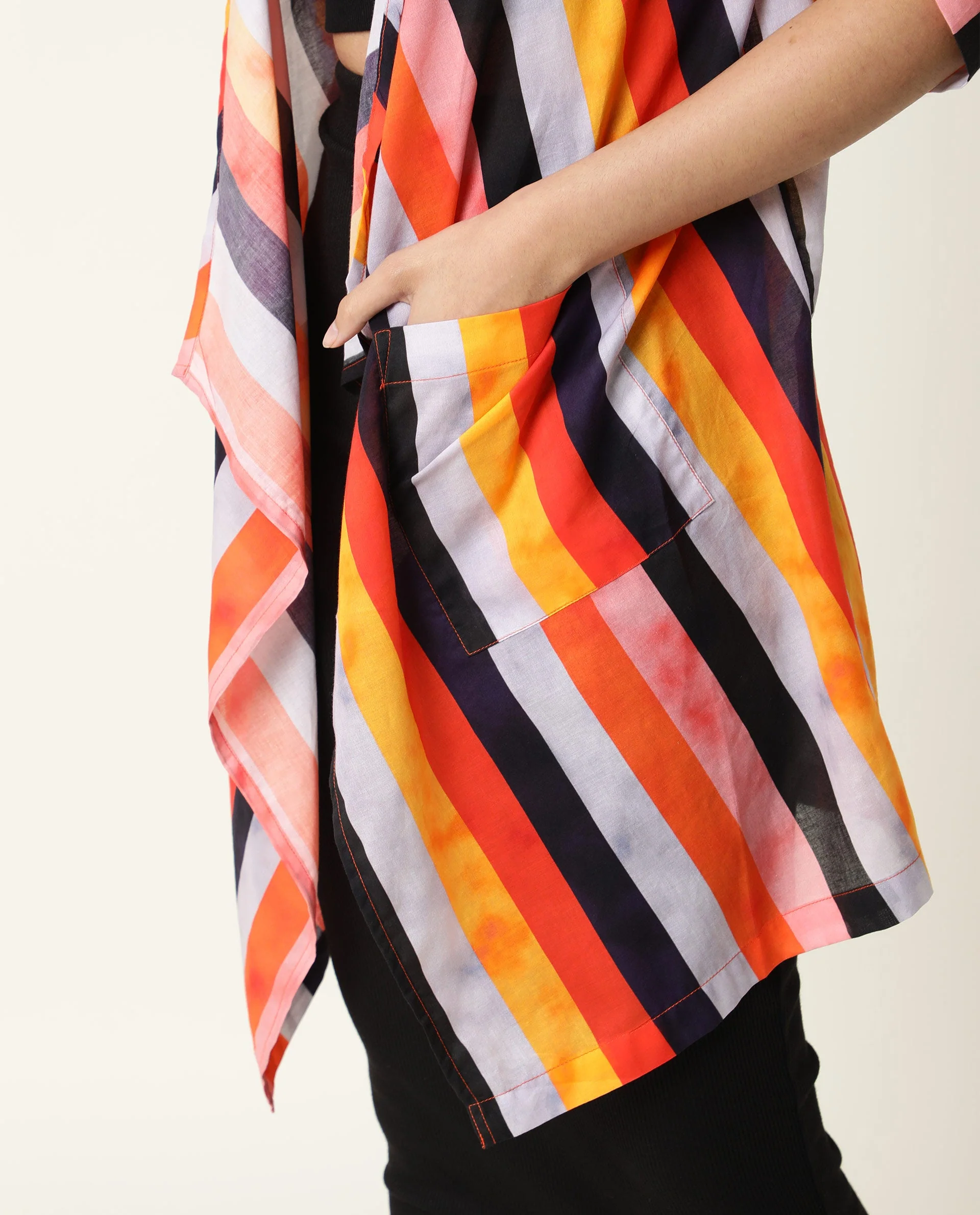Rareism Women's Maaza Multi Cotton Collarless Striped Relaxed Fit Shrug - Image 5
