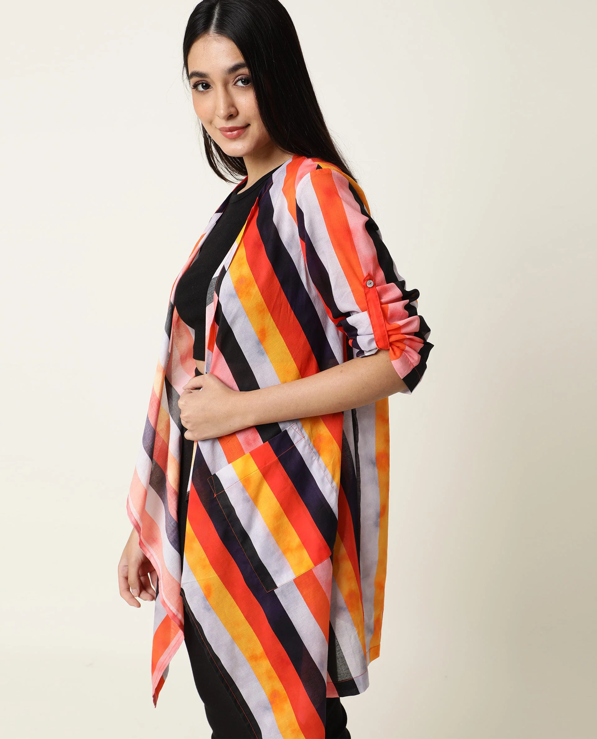 Rareism Women's Maaza Multi Cotton Collarless Striped Relaxed Fit Shrug - Image 6