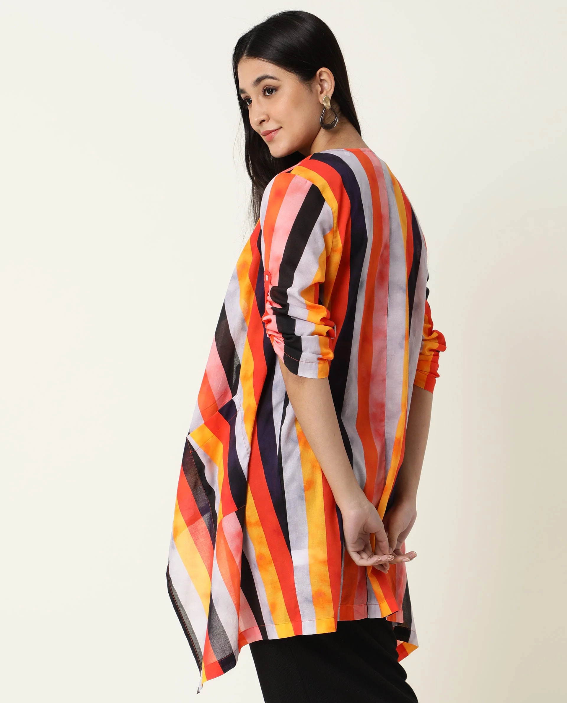Rareism Women's Maaza Multi Cotton Collarless Striped Relaxed Fit Shrug - Image 7