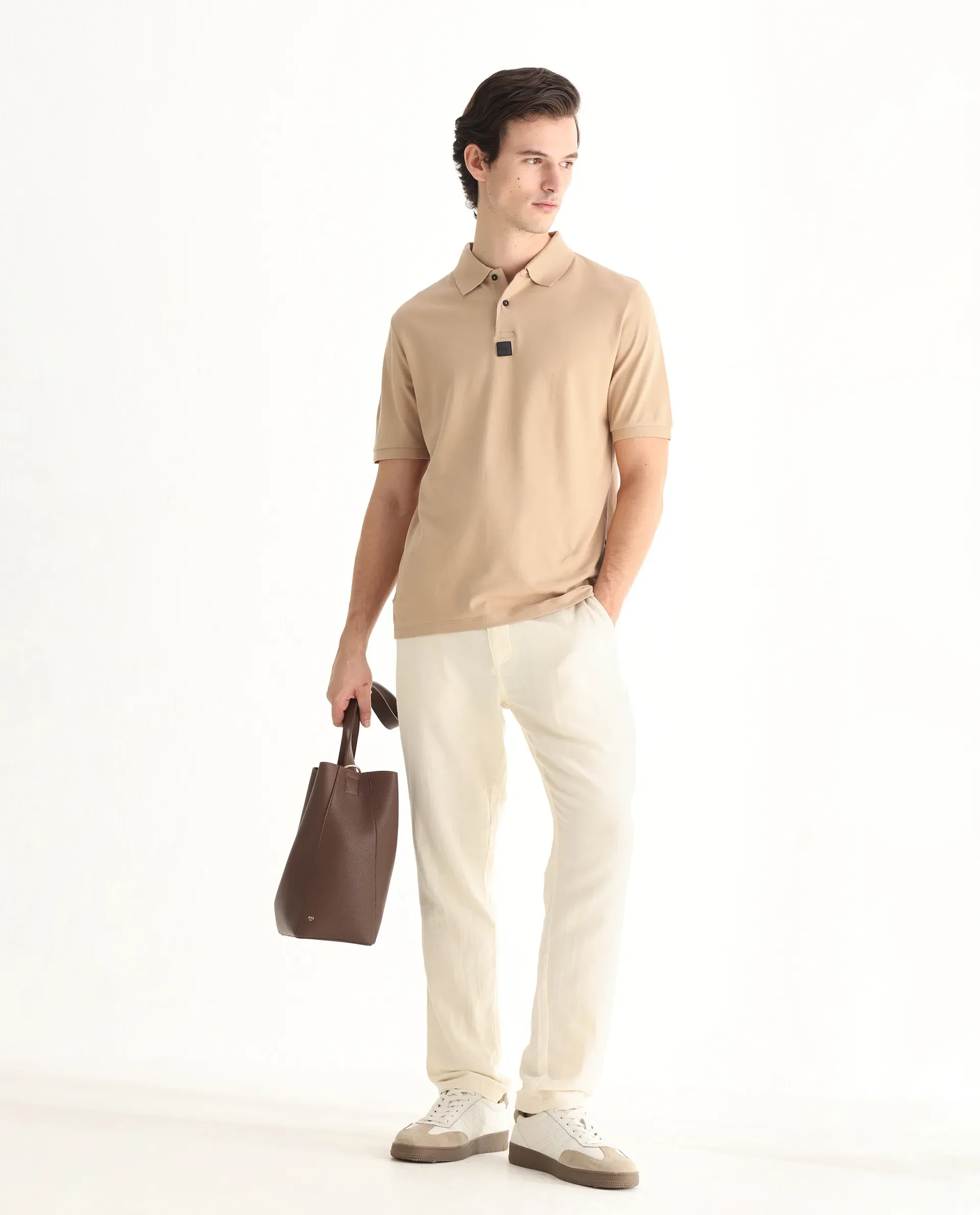 Rare Rabbit Men's Mabe Beige Cotton Plain Regular Fit Half Sleeve Polo - Image 2