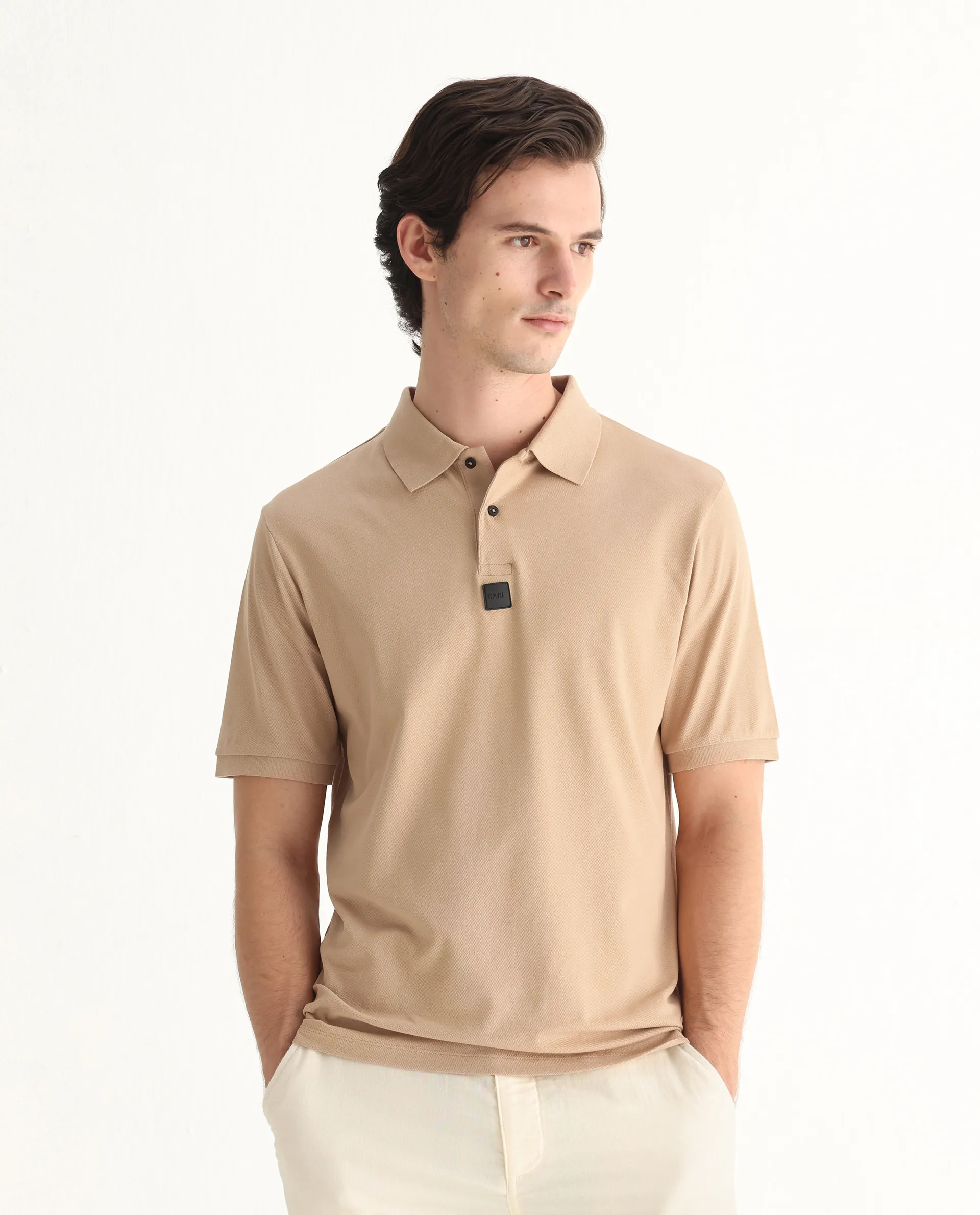 Rare Rabbit Men's Mabe Beige Cotton Plain Regular Fit Half Sleeve Polo - Image 5