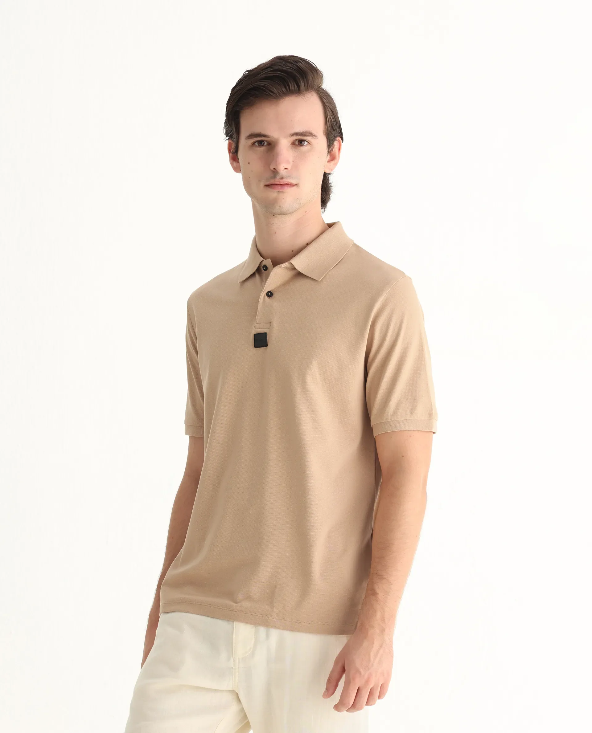 Rare Rabbit Men's Mabe Beige Cotton Plain Regular Fit Half Sleeve Polo - Image 6