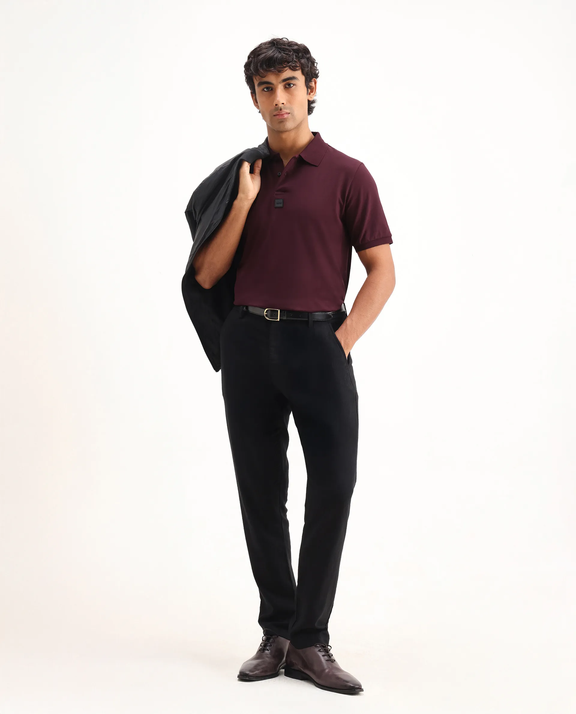 Rare Rabbit Men's Mabe Maroon Cotton Plain Regular Fit Half Sleeve Polo - Image 2