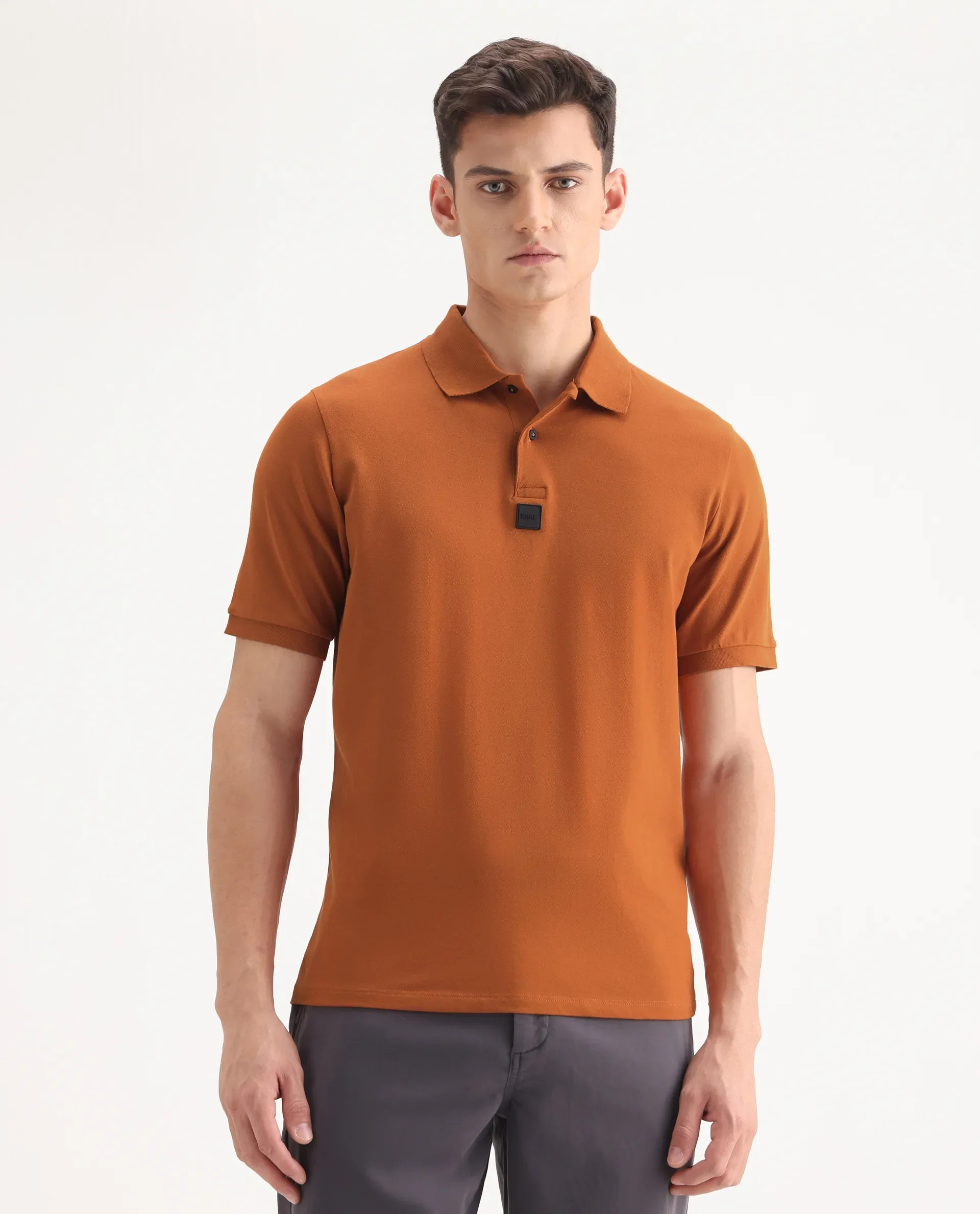 Rare Rabbit Men's Mabe Orange Cotton Plain Regular Fit Half Sleeve Polo - Image 4