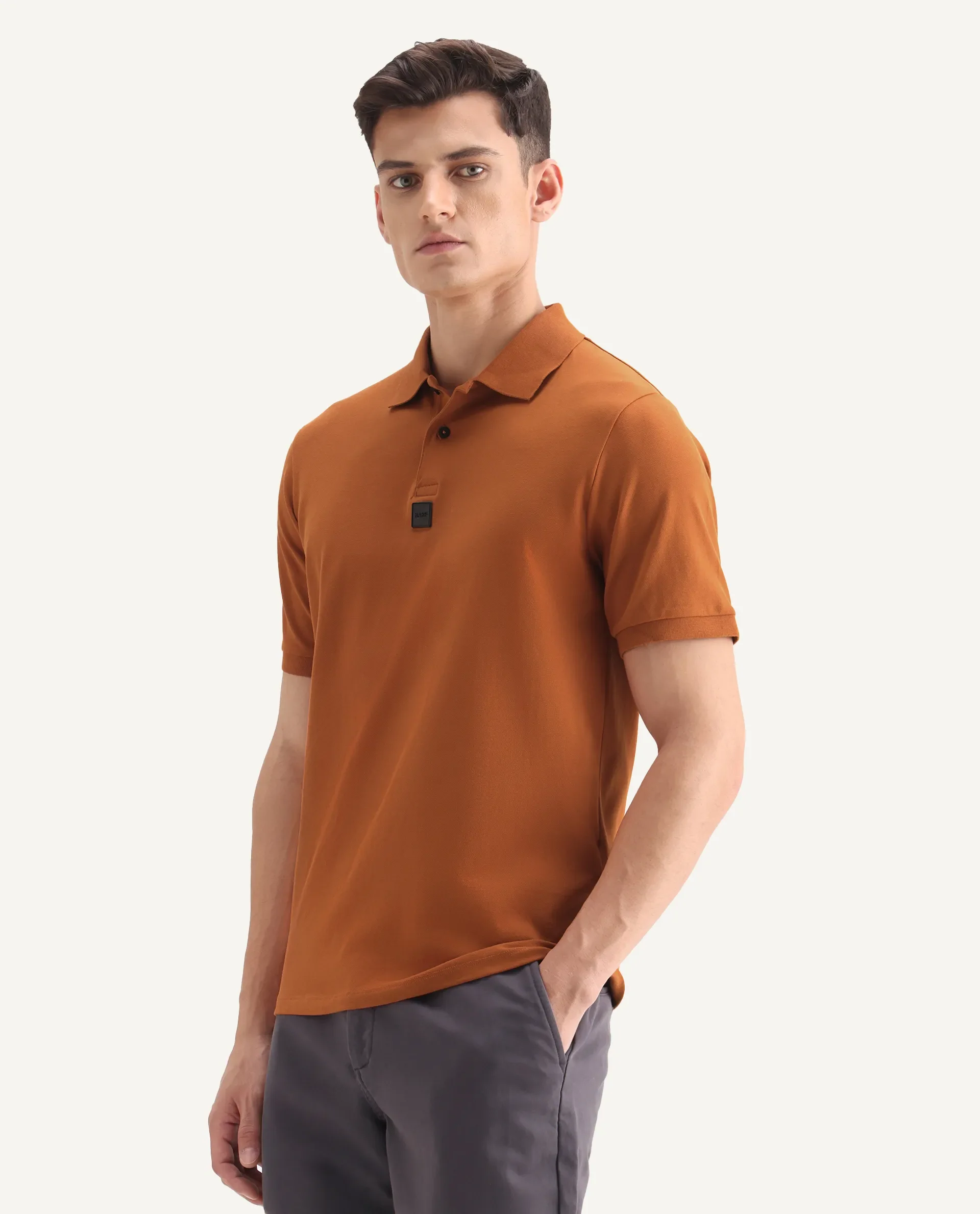 Rare Rabbit Men's Mabe Orange Cotton Plain Regular Fit Half Sleeve Polo - Image 5
