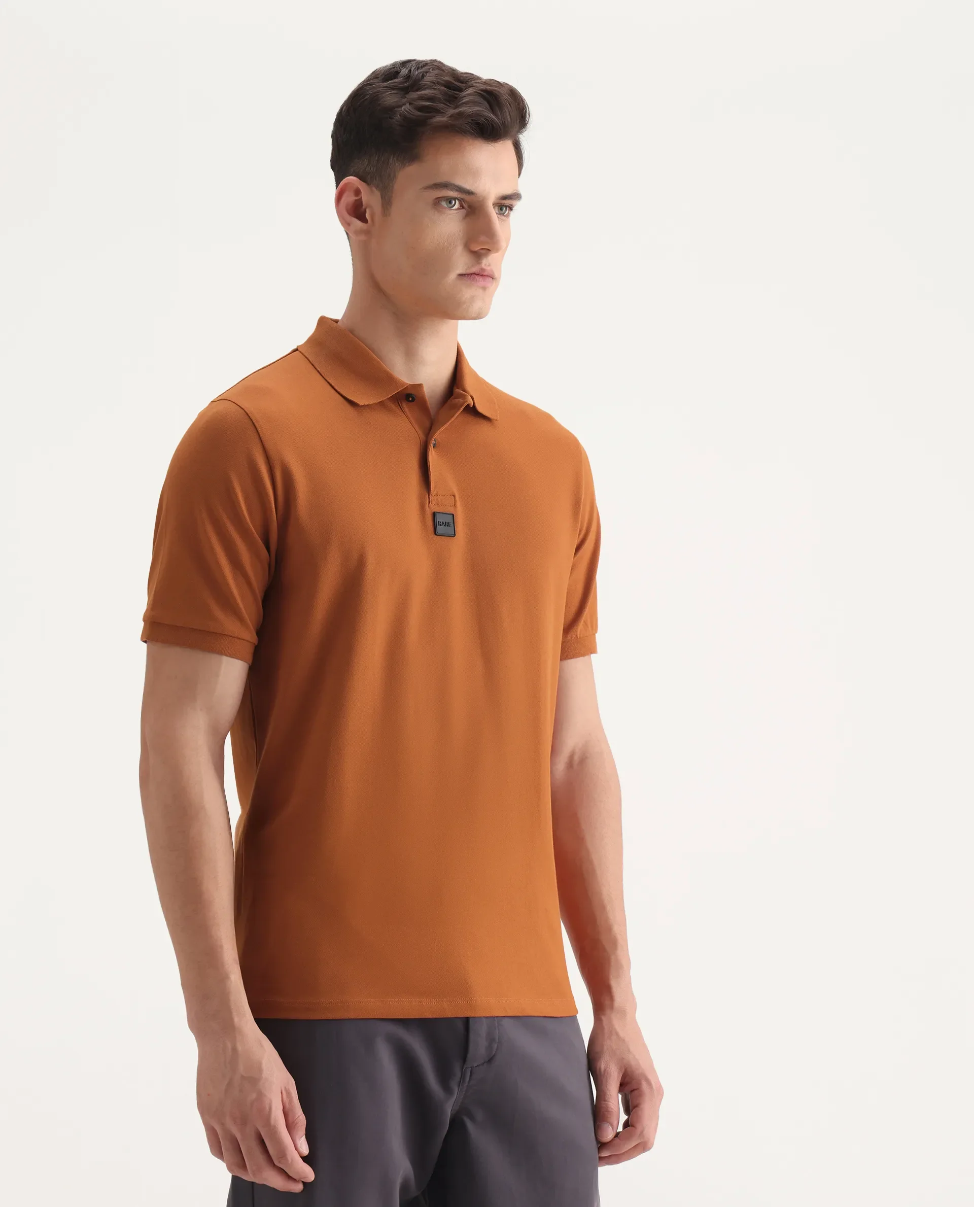 Rare Rabbit Men's Mabe Orange Cotton Plain Regular Fit Half Sleeve Polo - Image 6