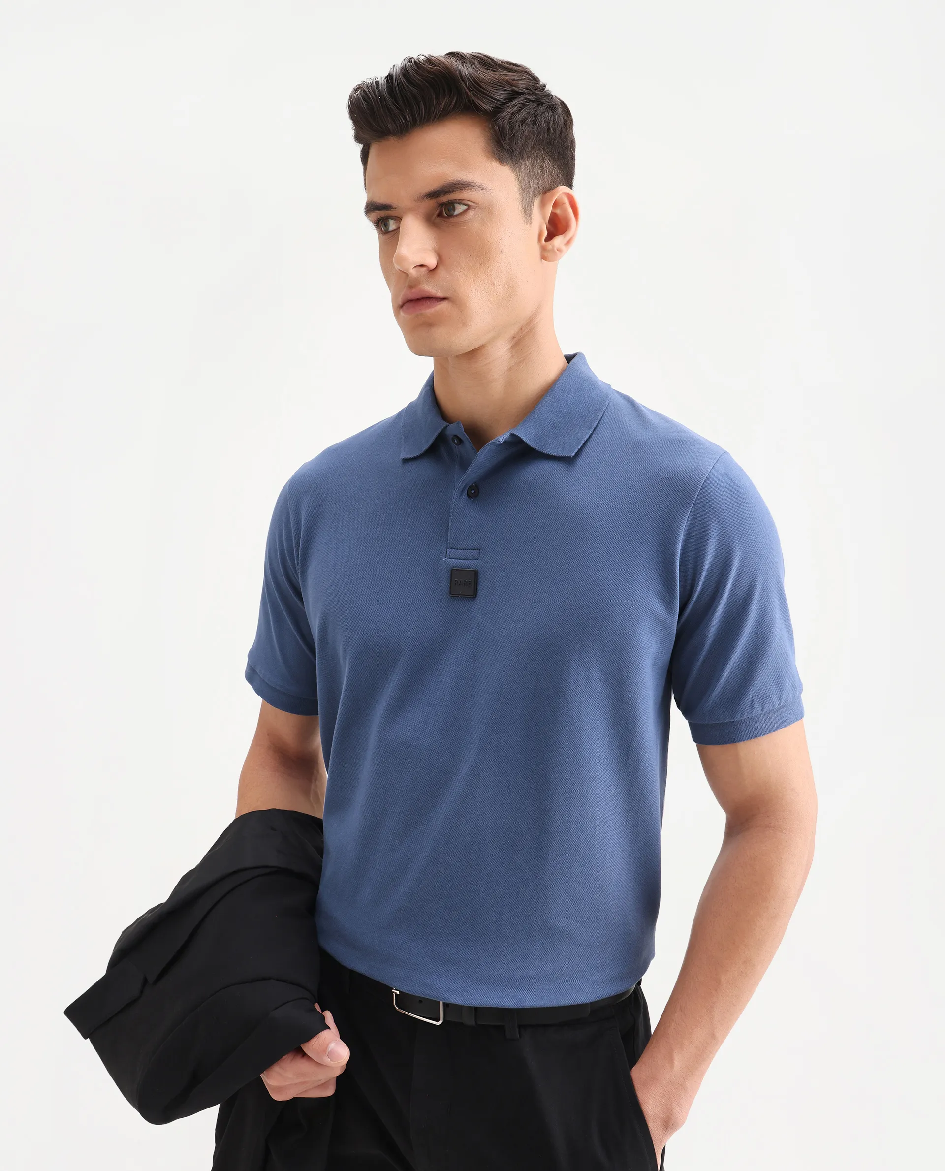 Rare Rabbit Men's Mabe Petrol Cotton Plain Regular Fit Half Sleeve Polo