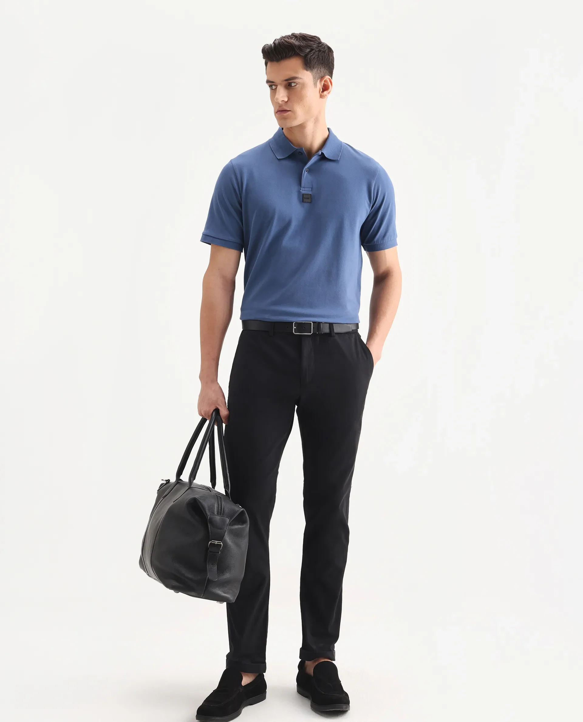 Rare Rabbit Men's Mabe Petrol Cotton Plain Regular Fit Half Sleeve Polo - Image 2