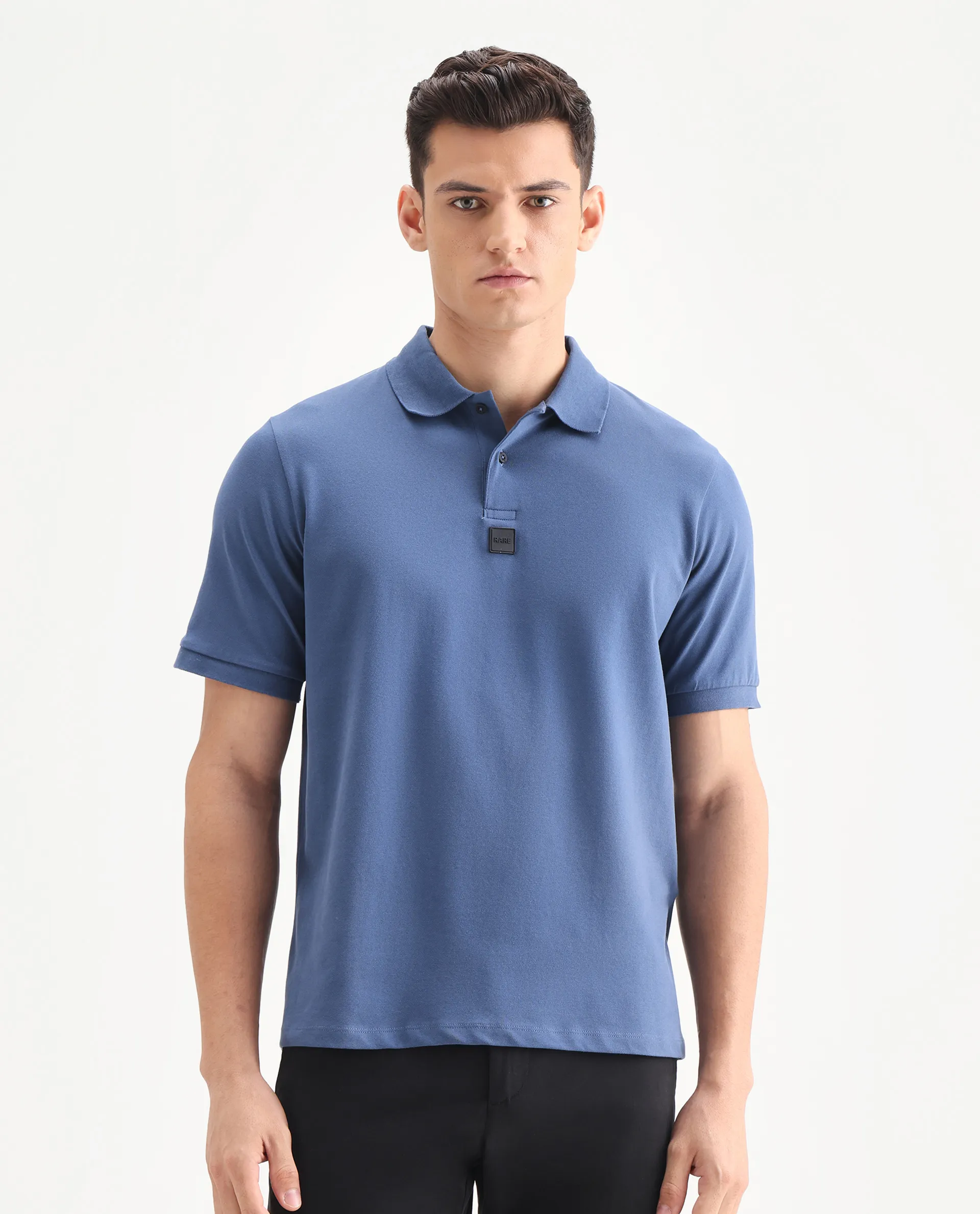 Rare Rabbit Men's Mabe Petrol Cotton Plain Regular Fit Half Sleeve Polo - Image 4