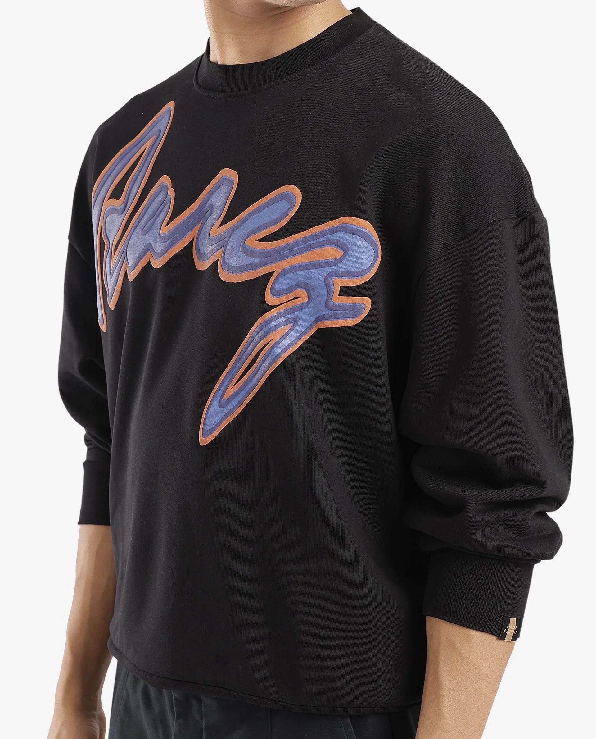Rare Rabbit Men's Mabel Black Cotton Printed Oversized Fit Full Sleeve Crew Neck Sweatshirt - Image 4