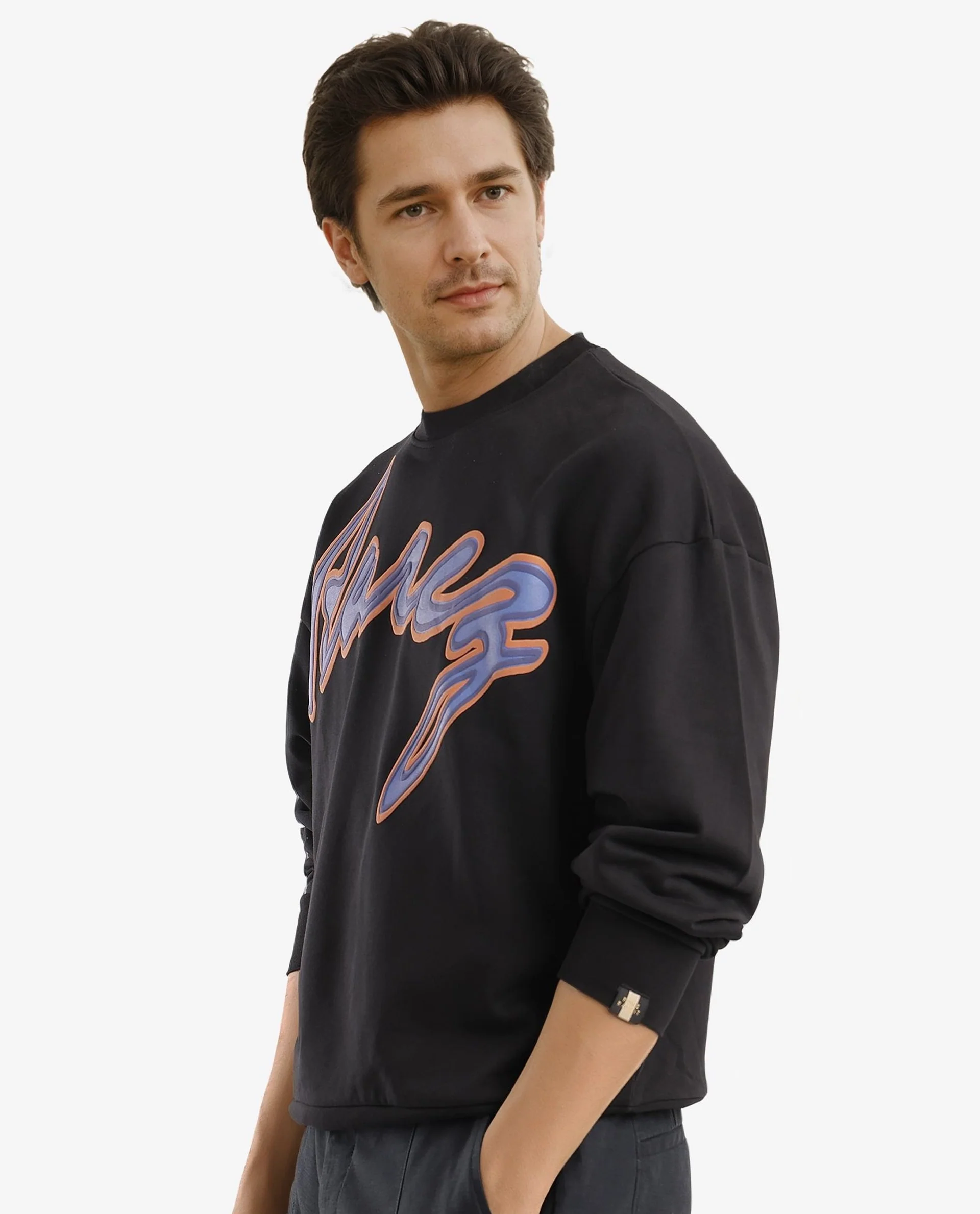 Rare Rabbit Men's Mabel Black Cotton Printed Oversized Fit Full Sleeve Crew Neck Sweatshirt - Image 7